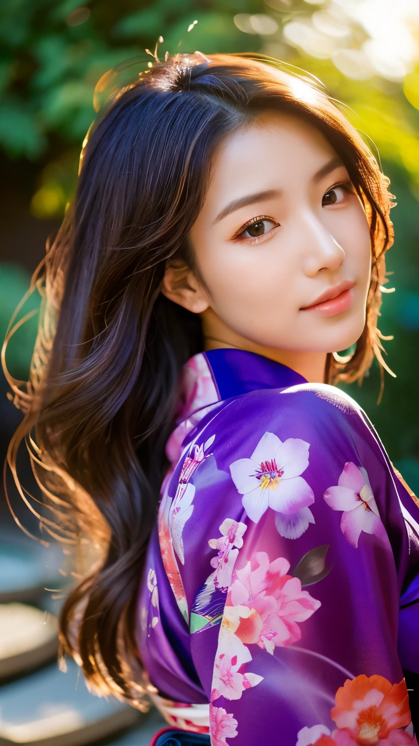 Beautiful Japanese supermodel woman, A lock of hair with slight highlights, black eyes, mixed media, Sexy,garden background,Gorgeous purple kimono , Liquid color flows across her face, sunset,Photographed by Wang Luodan