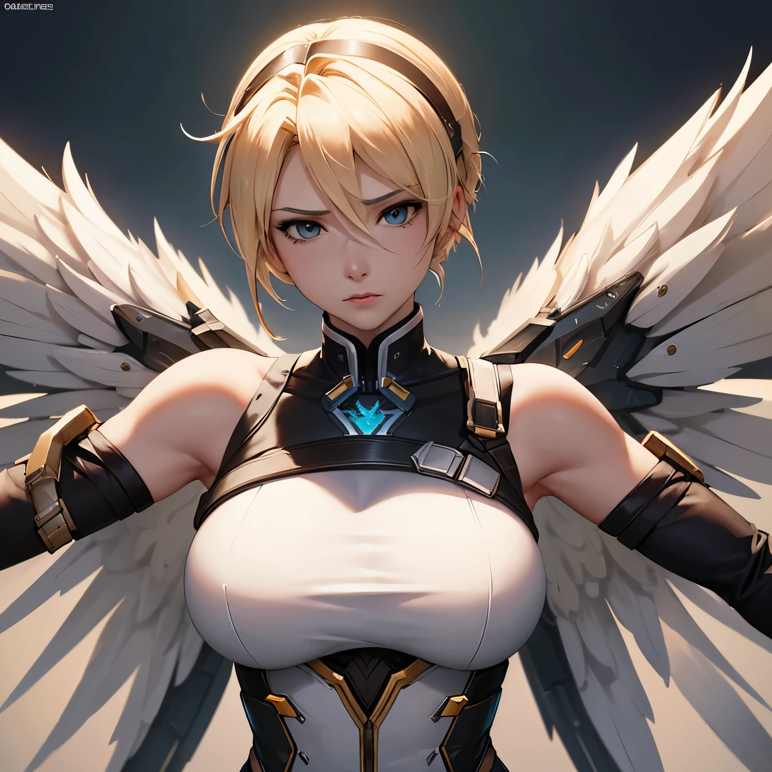 Mercy from Overwatch, with her slender figure and short blonde hair, stands in the midst of a battlefield with her arms wide open and her big, curvaceous behind exposed, defying the intense action happening around her. Her Valkyrie skin glimmers under the hyper-realistic and dynamic lighting, showcasing the intricate detailing of her armed wings and armor. The intense contrast between the harsh battlefield and Mercy's vulnerable yet powerful pose creates a surreal and captivating image, making it a top-quality masutepiece worthy of the biggest screens. (NSFW, Hyper-detailed, Best Quality, Cinematic Light, Character Focus)