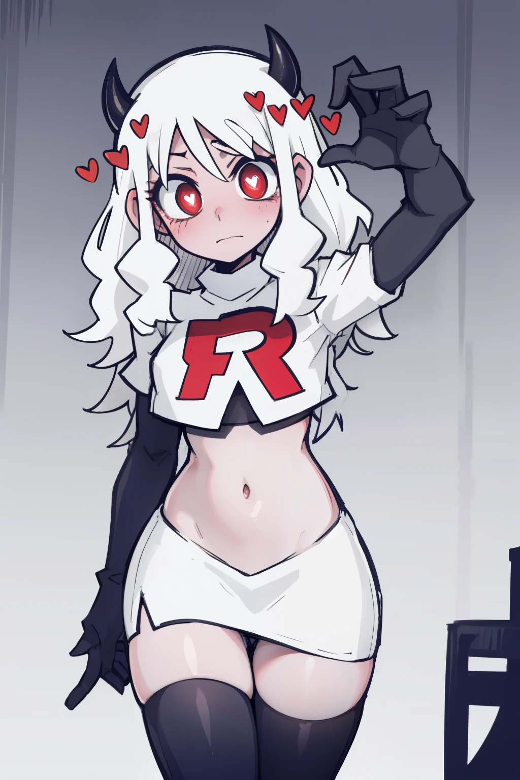 masterpiece, best quality,modeus with heart shapes and heart shaped pupils,red eyes, white hair,team rocket,team rocket uniform,white skirt,red letter R,crop top,black thigh-highs,black elbow gloves, comic strip