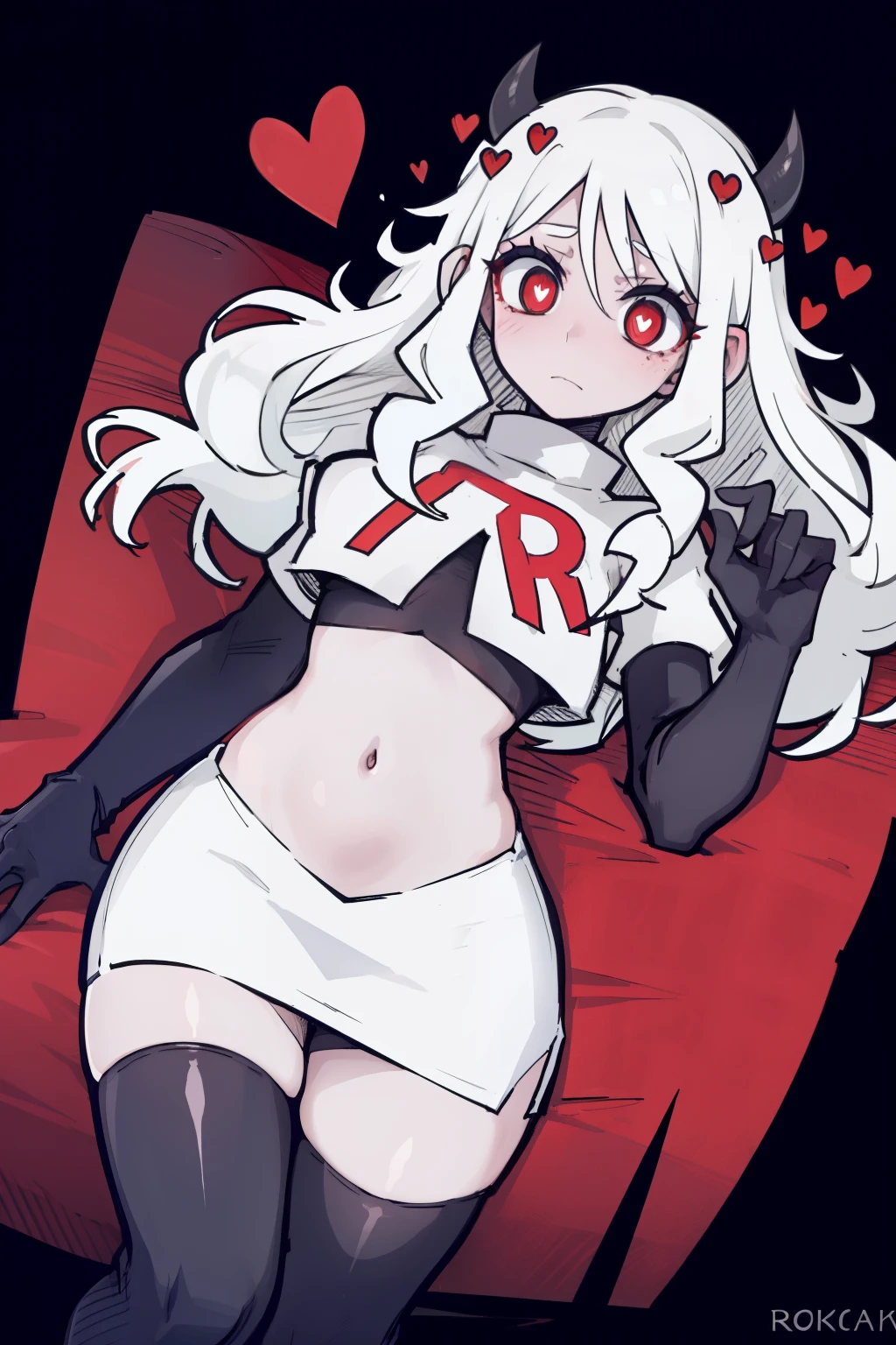 masterpiece, best quality,modeus with heart shapes and heart shaped pupils,red eyes, white hair,team rocket,team rocket uniform,white skirt,red letter R,crop top,black thigh-highs,black elbow gloves, comic strip