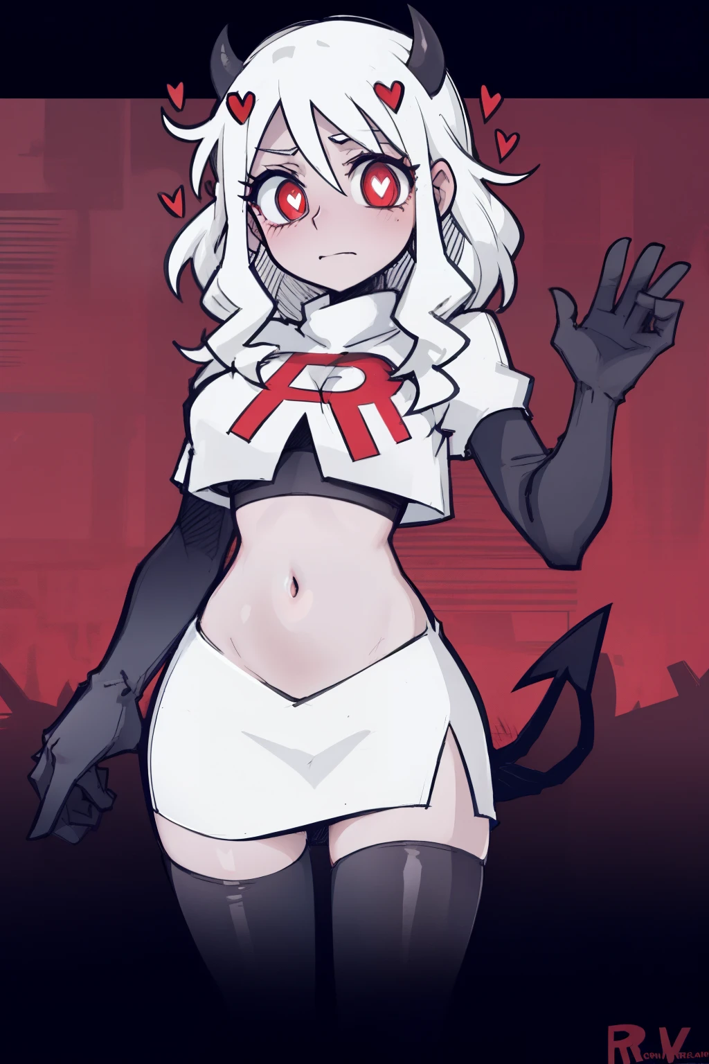 masterpiece, best quality,modeus with heart shapes and heart shaped pupils,red eyes, white hair,team rocket,team rocket uniform,white skirt,red letter R,crop top,black thigh-highs,black elbow gloves, comic strip