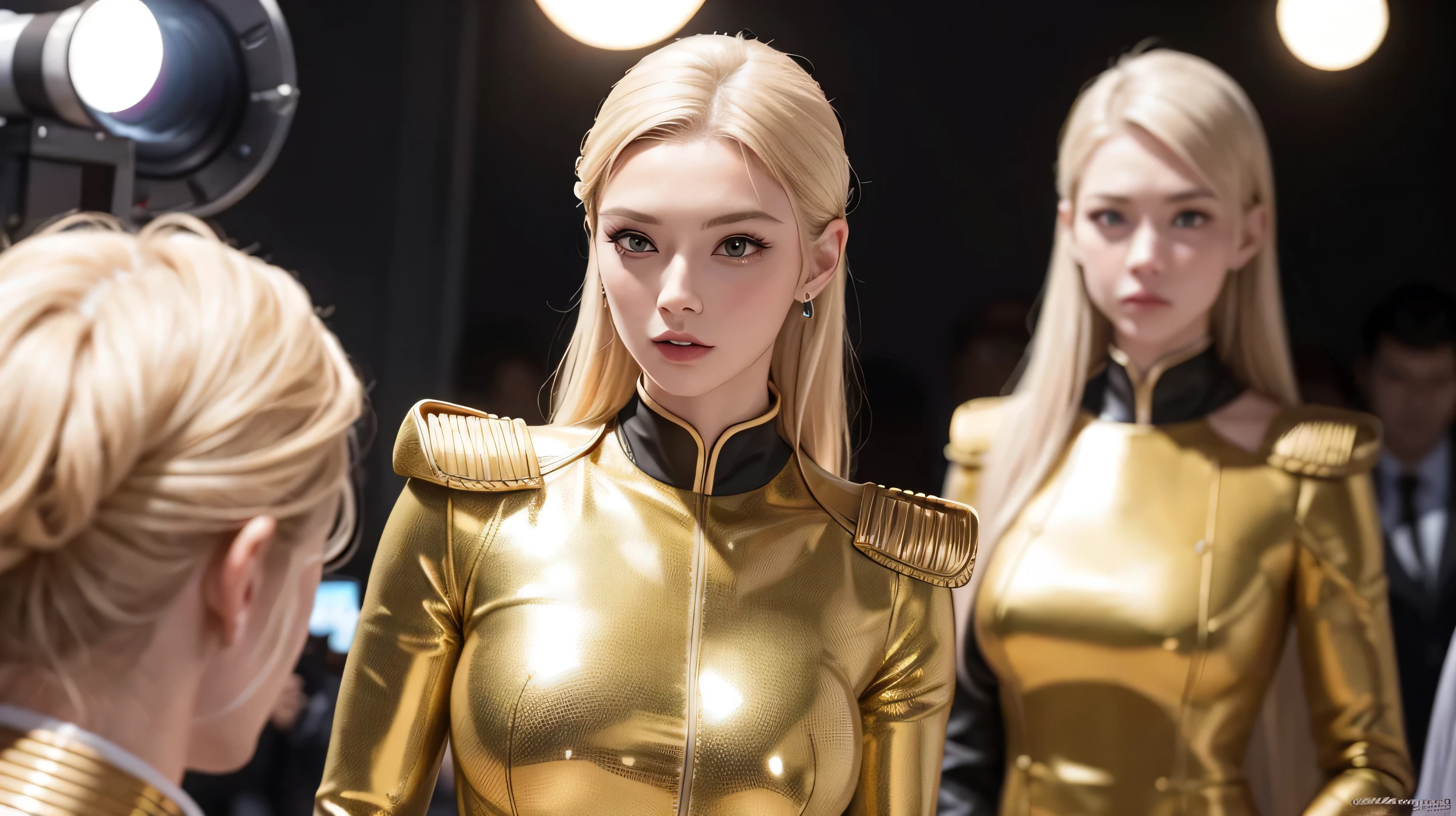 woman, Fashion Model, Wear a tight suit, Glamour, paparazzi taking pictures of her, blonde hair, brown eyes, 8K, high quality, masterpiece, 最high quality, HD, very detailed, volume lighting, realistic、imperial officer uniform