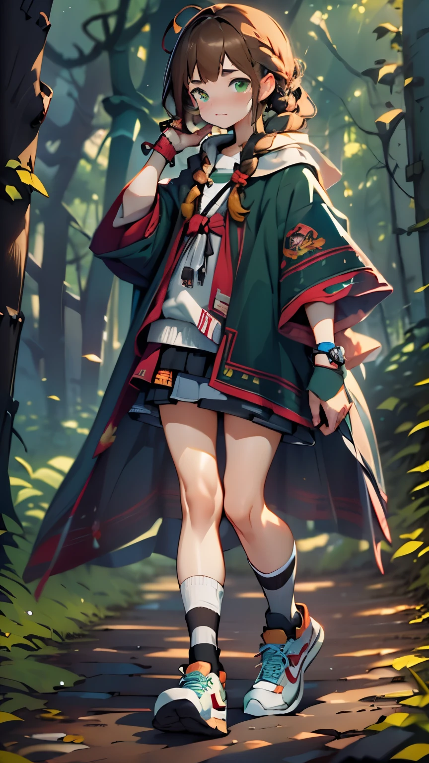 master piece、anatomy、one girl、２０talent、chestnut hair、french braid、((Dark green poncho:1.2))、(((black knee socks:1.2)))、red sneakers、nike sneakers、background is blurry、blurred background、dark forest、deep-forest、walk、highest quality、ultra high resolution、Super detailed、８ｋ、