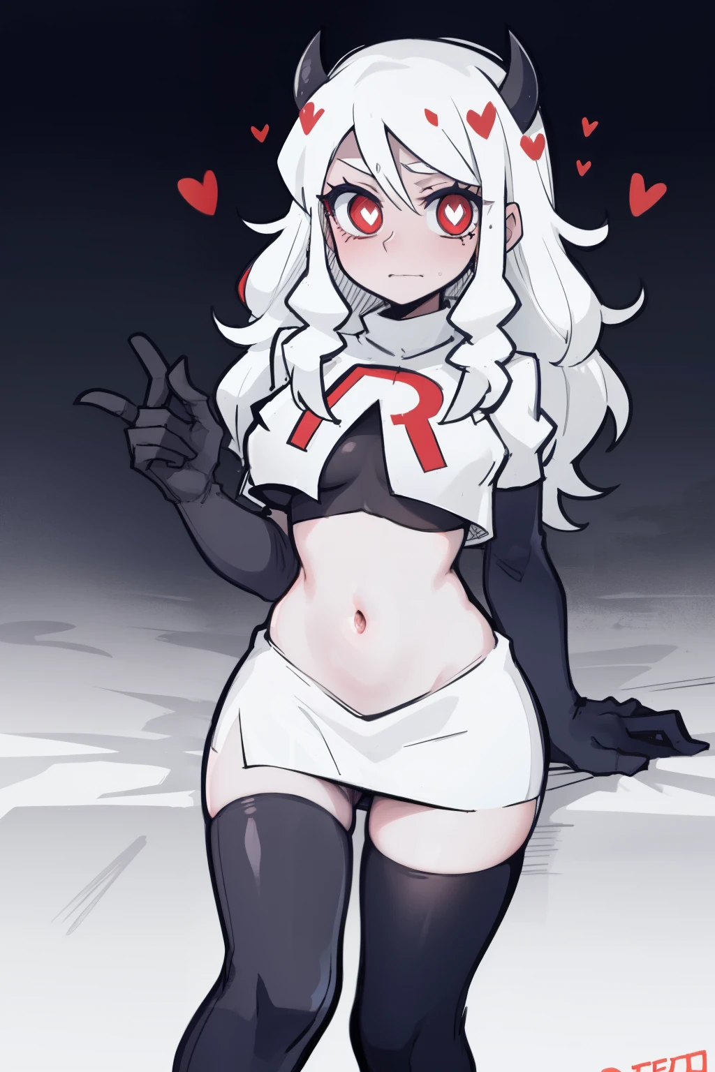 masterpiece, best quality,modeus with heart shapes and heart shaped pupils,red eyes, white hair,team rocket,team rocket uniform,white skirt,red letter R,crop top,black thigh-highs,black elbow gloves, comic strip