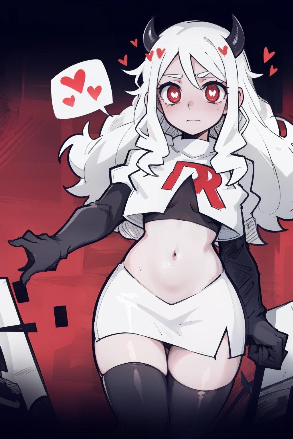 masterpiece, best quality,modeus with heart shapes and heart shaped pupils,red eyes, white hair,team rocket,team rocket uniform,white skirt,red letter R,crop top,black thigh-highs,black elbow gloves, comic strip