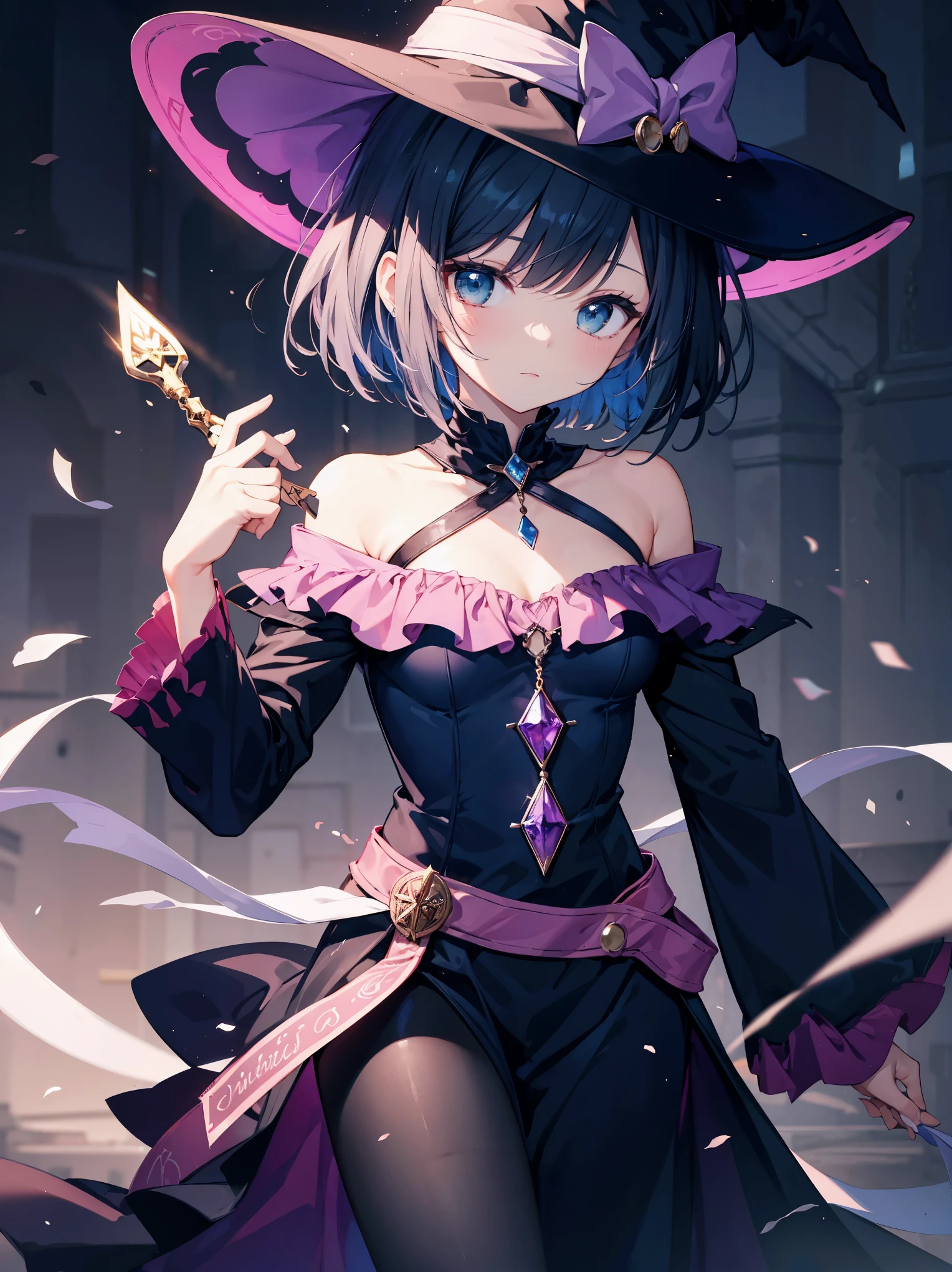 One length bob cut braided black hair，light pink magician hat，dark blue witch，Cute and pretty girl
