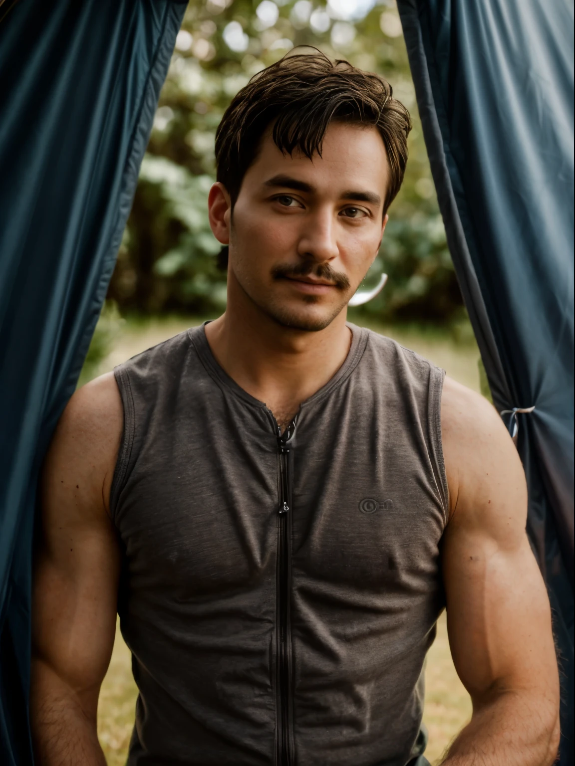 masterpiece, best quality, high resolution, closeup portrait, male focus, solo focus, a man, hiker, 35 years old, bare chest, dimples, pretty face, attractive, cute smirk, short trimmed mustache and goatee, hairy legs, in a tent, in the background a tent, amazing composition, front view, HDR, volumetric lighting, ultra quality, elegant, highly detailed, seductive smirk