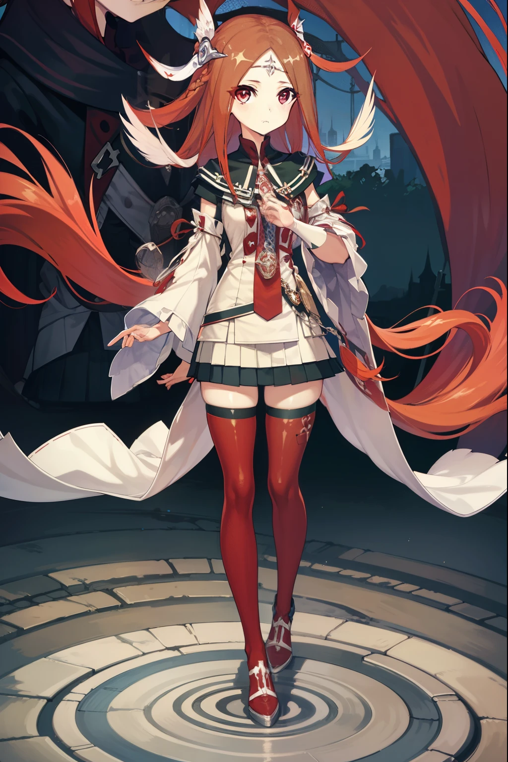 codeeulalia, eulalia, long hair, brown hair, hair ornament, facial mark, (red eyes:1.5),
BREAK skirt, thighhighs, pleated skirt, detached sleeves, wide sleeves, chain, red thighhighs,
BREAK looking at viewer,
BREAK outdoors,
BREAK (masterpiece:1.2), best quality, high resolution, unity 8k wallpaper, (illustration:0.8), (beautiful detailed eyes:1.6), extremely detailed face, perfect lighting, extremely detailed CG, (perfect hands, perfect anatomy),
