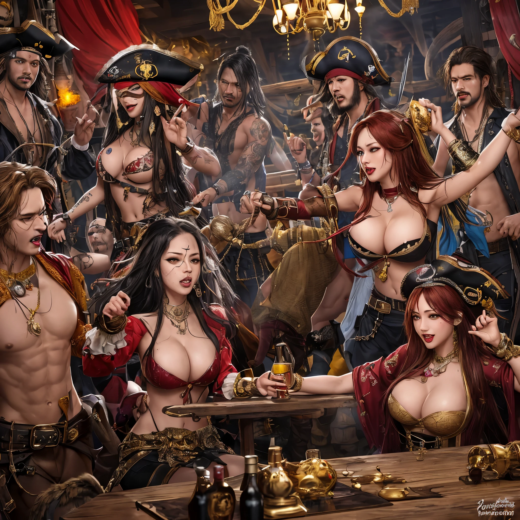 "best quality, ultra-detailed, realistic, HDR, vivid colors, bokeh, in a riotous pirate saloon, (a disheveled, one-eyed, grizzled, and very drunk pirate) has a whore in his lap, (the whore is a voluptuous Malaysian woman in her 30s), scantily clad, with tattoos, lewd, teasing, with intense eye contact, surrounded by rowdy and drunken sailors, swinging chandeliers, smoke-filled room, dimly lit with flickering candles, rum bottles scattered on the tables, a lively game of dice being played in the background, barrels overflowing with gold coins, parrots screeching, sounds of laughter and argument echoing, a haze of cigar smoke hanging in the air, the wooden floor creaking under the weight of dancing couples, the swaying of the pirate ship visible through the windows, energetic music coming from a band of musicians in the corner, vibrant colors of red, gold, and black dominating the scene, capturing the chaotic and adventurous spirit of pirate life, with dramatic shadows and highlights illuminating the characters, revealing the intricate details of their costumes and expressions, creating a captivating atmosphere of danger, excitement, and debauchery."