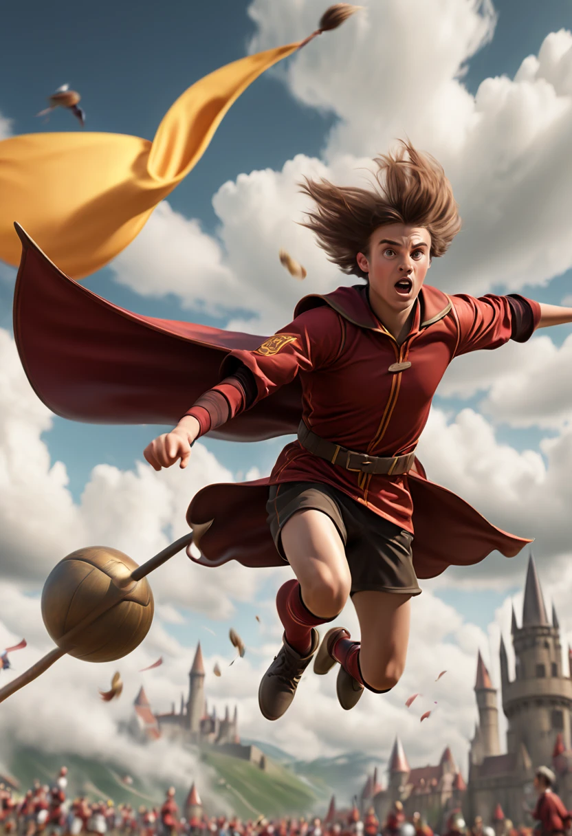 The Quidditch World Cup, Flying Broomstick, on the Broom, chasing Race, among the clouds, high altitude, (Motion Blur, best composition), (best quality, masterpiece, Representative work, official art, Professional, Ultra high detail, 8k:1.3)