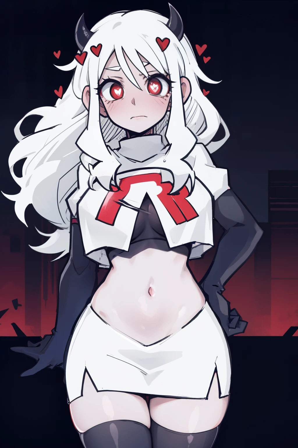 masterpiece, best quality,modeus with heart shapes and heart shaped pupils,red eyes, white hair,team rocket,team rocket uniform,white skirt,red letter R,crop top,black thigh-highs,black elbow gloves, comic strip