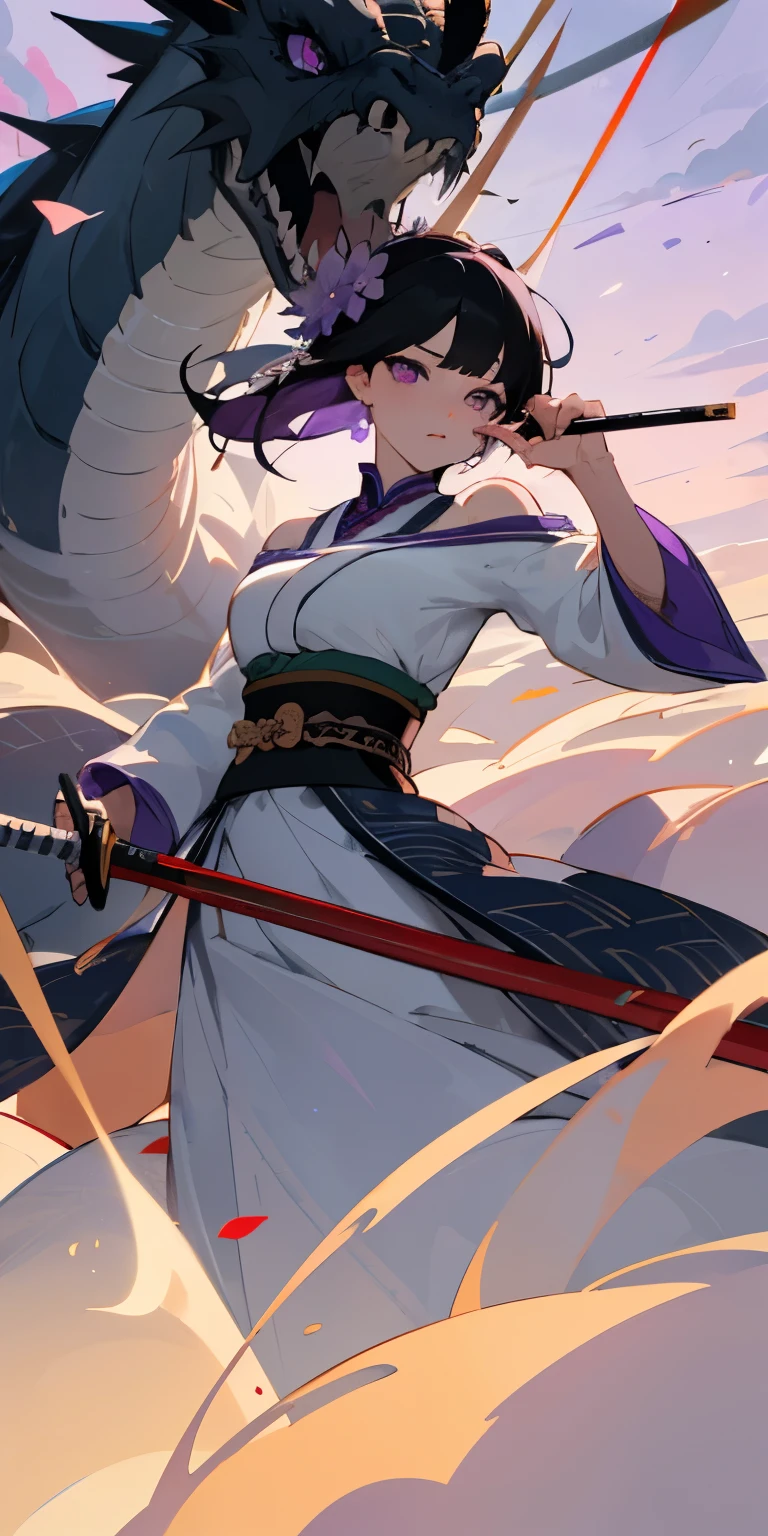 Hyper-realistic 4K ,Game of Kings glory Mulan,masterpiece,((Super detailed background,Exquisite pattern,intricate details)),black hair,Have bangs,Both hands hold short swords,purple eyes,Haori,There is a Chinese style dragon horn on the head,belt,Unruly eyes,purple flower,mostly cloudy Sky,Sunlight,Tyndall effect,slope_Sky,Face,beautiful Sky,Saber at the waist,charming pose,(big breasts:1.3),(split:1.3),(Off the shoulder dress:1.6)