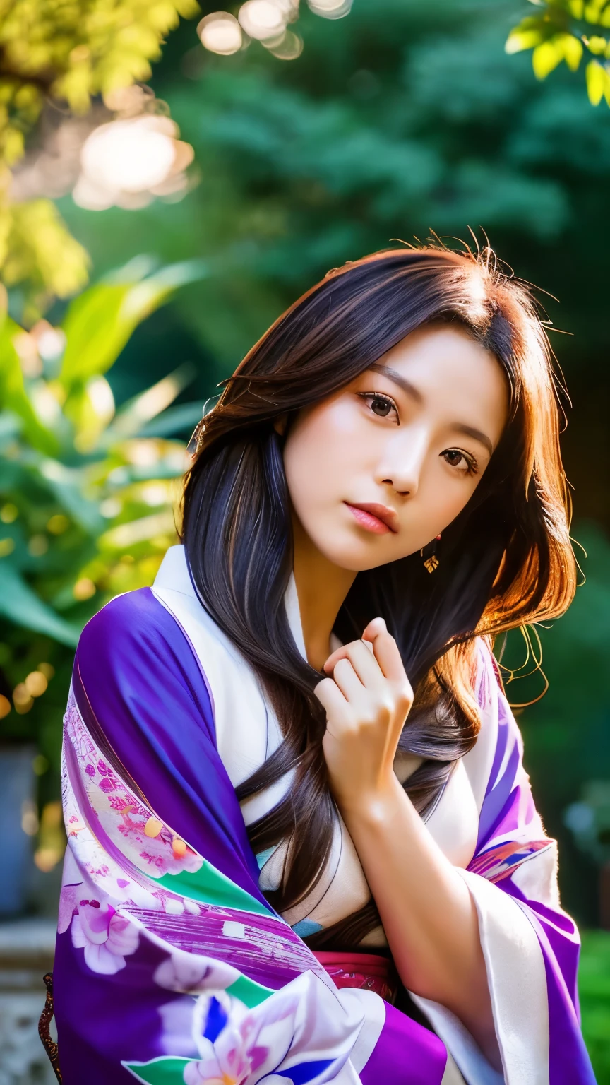 Beautiful Japanese supermodel woman, A lock of hair with slight highlights, black eyes, mixed media, Sexy,garden background,Gorgeous purple kimono , Liquid color flows across her face, sunset,Photographed by Wang Luodan