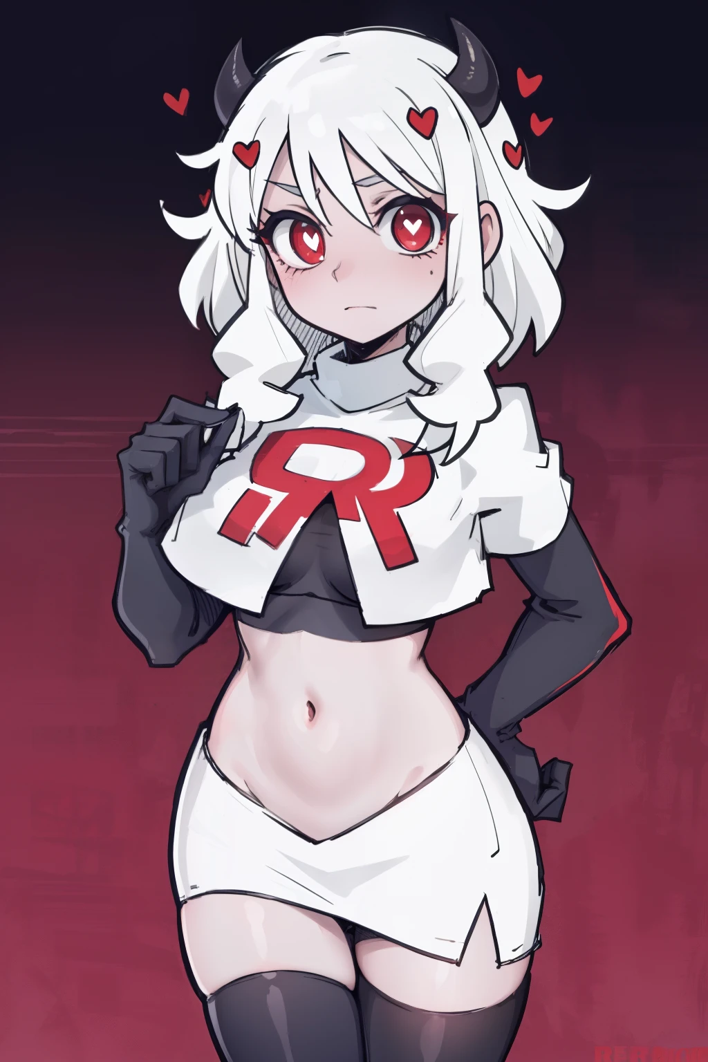 masterpiece, best quality,modeus with heart shapes and heart shaped pupils,red eyes, white hair,team rocket,team rocket uniform,white skirt,red letter R,crop top,black thigh-highs,black elbow gloves, comic strip