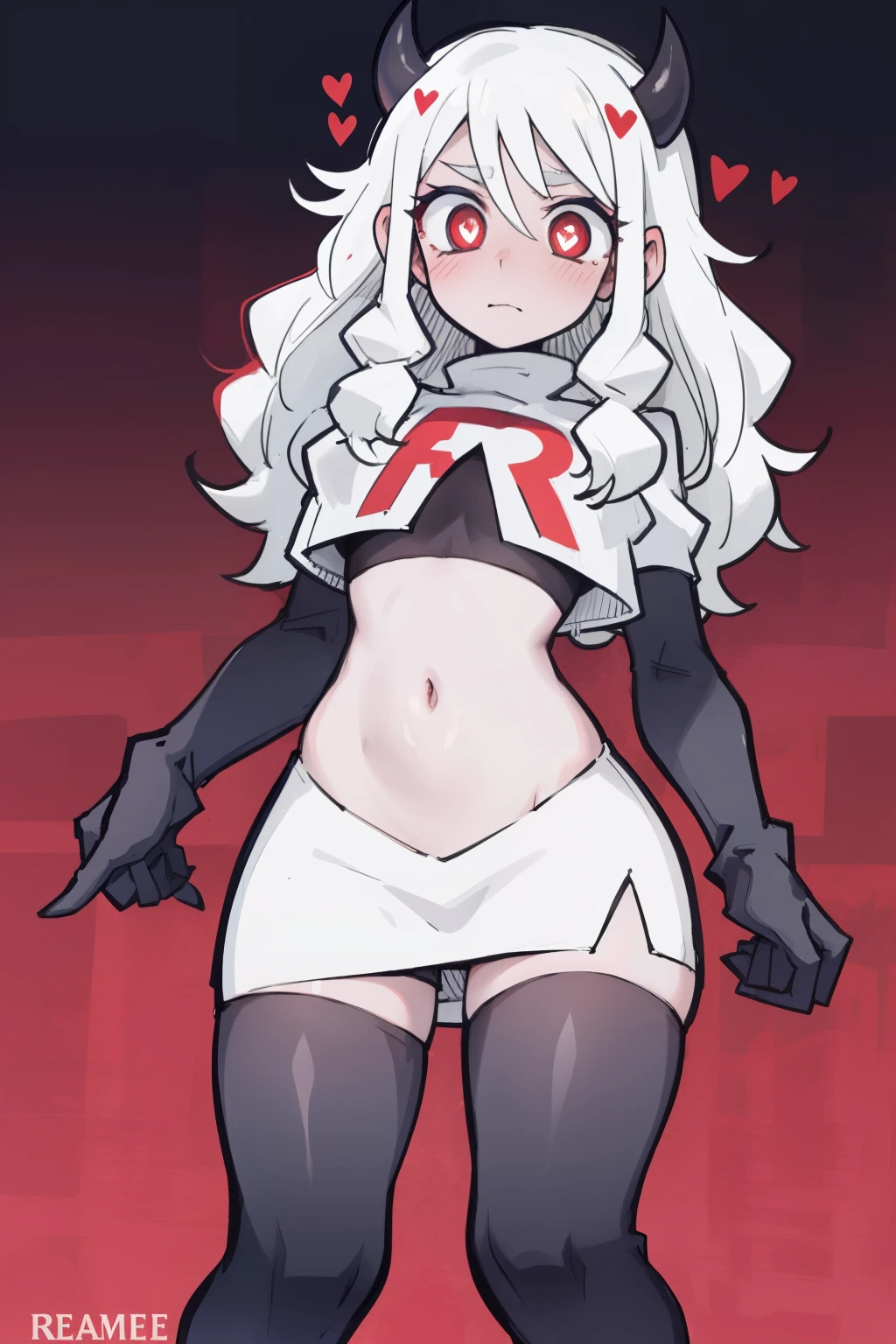 masterpiece, best quality,modeus with heart shapes and heart shaped pupils,red eyes, white hair,team rocket,team rocket uniform,white skirt,red letter R,crop top,black thigh-highs,black elbow gloves, comic strip