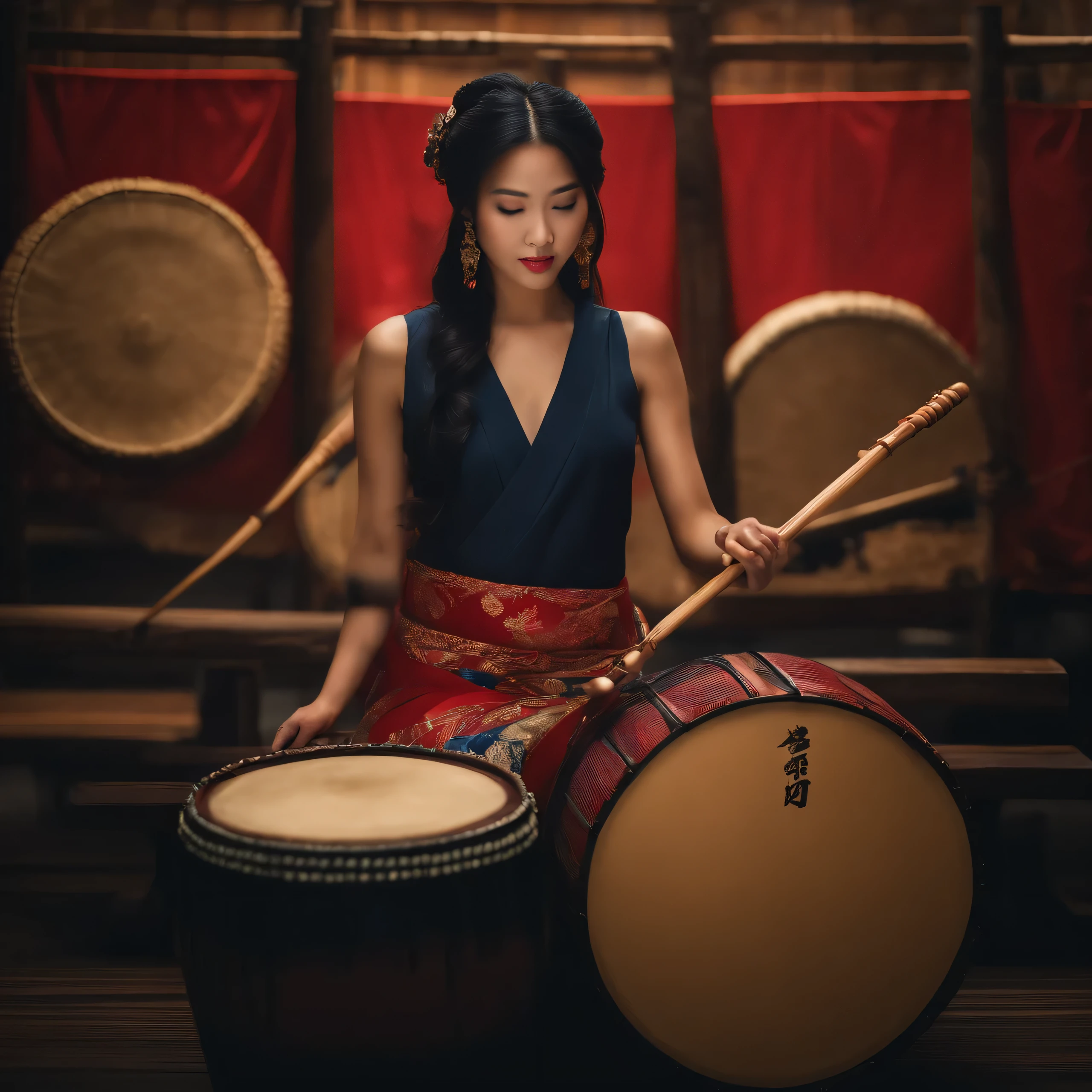 Beautiful woman holding a big drum in front of the screen,, Traditional japanese, play the drums, Traditional, masterful composition!!!,