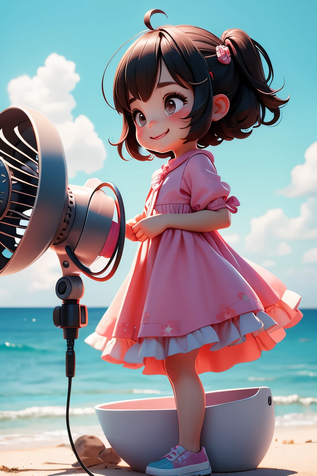 A girl blowing air on her face with a portable fan、Sweat、smile、Hair is washed away by the wind、short bob、Taken from the side