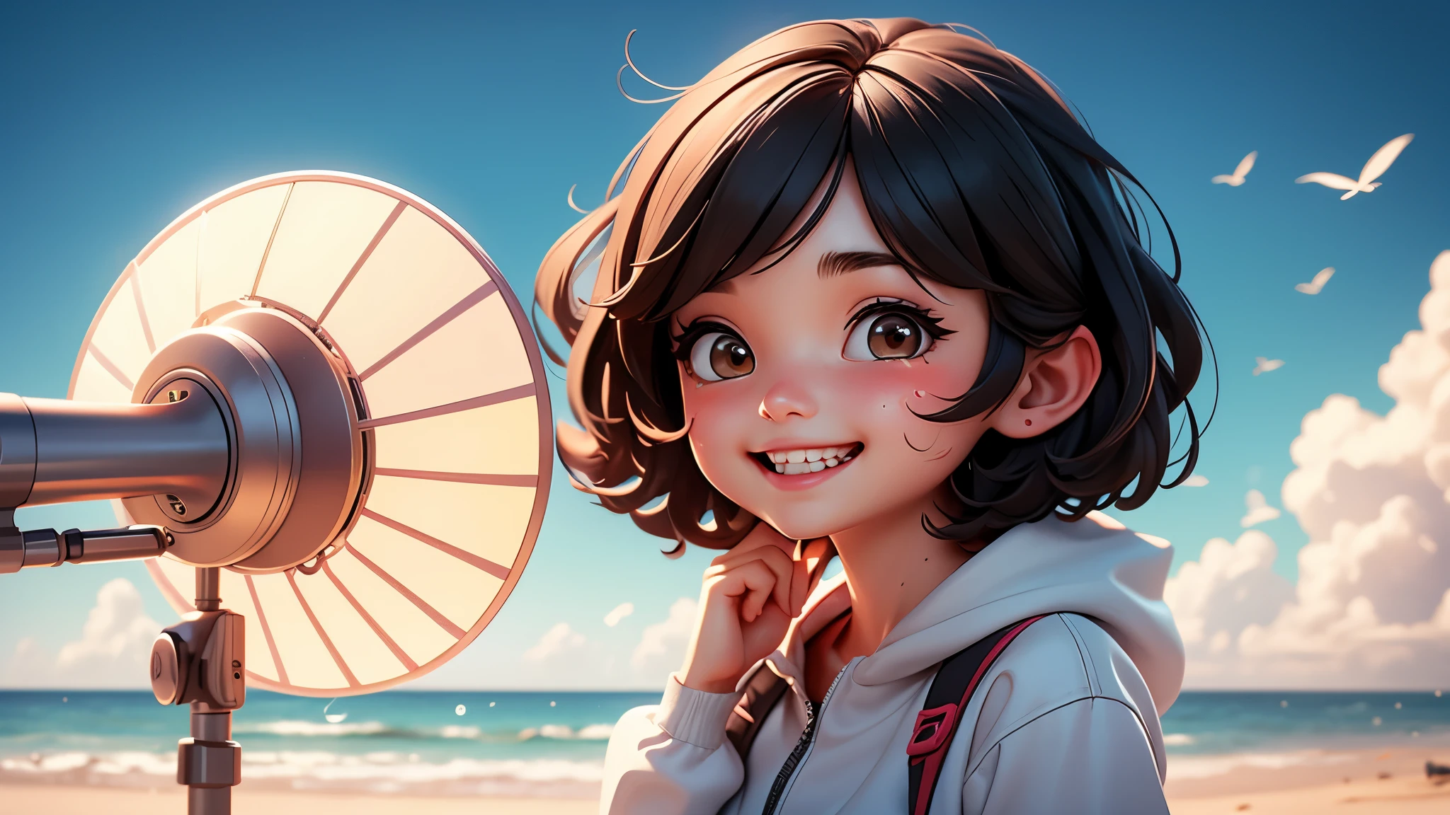 A girl blowing air on her face with a portable fan、Sweat、smile、Hair is washed away by the wind、short bob、Taken from the side