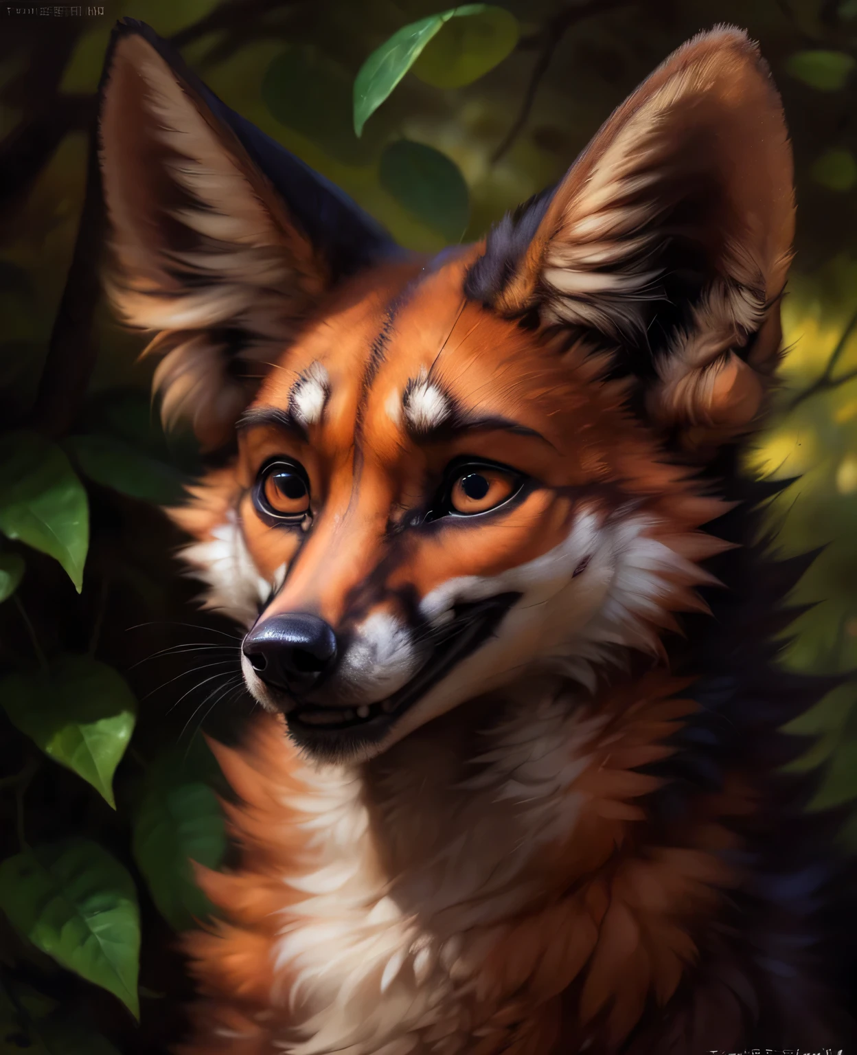 by kenket, by totesfleisch8, (by thebigslick, by silverfox5213:0.8), (by syuro:0.2), maned wolf furry, detailed and extremely fluffy body fur, fluff, masterpiece, looking up beautiful surroundings, detailed background, happy, (close up:1.1), male