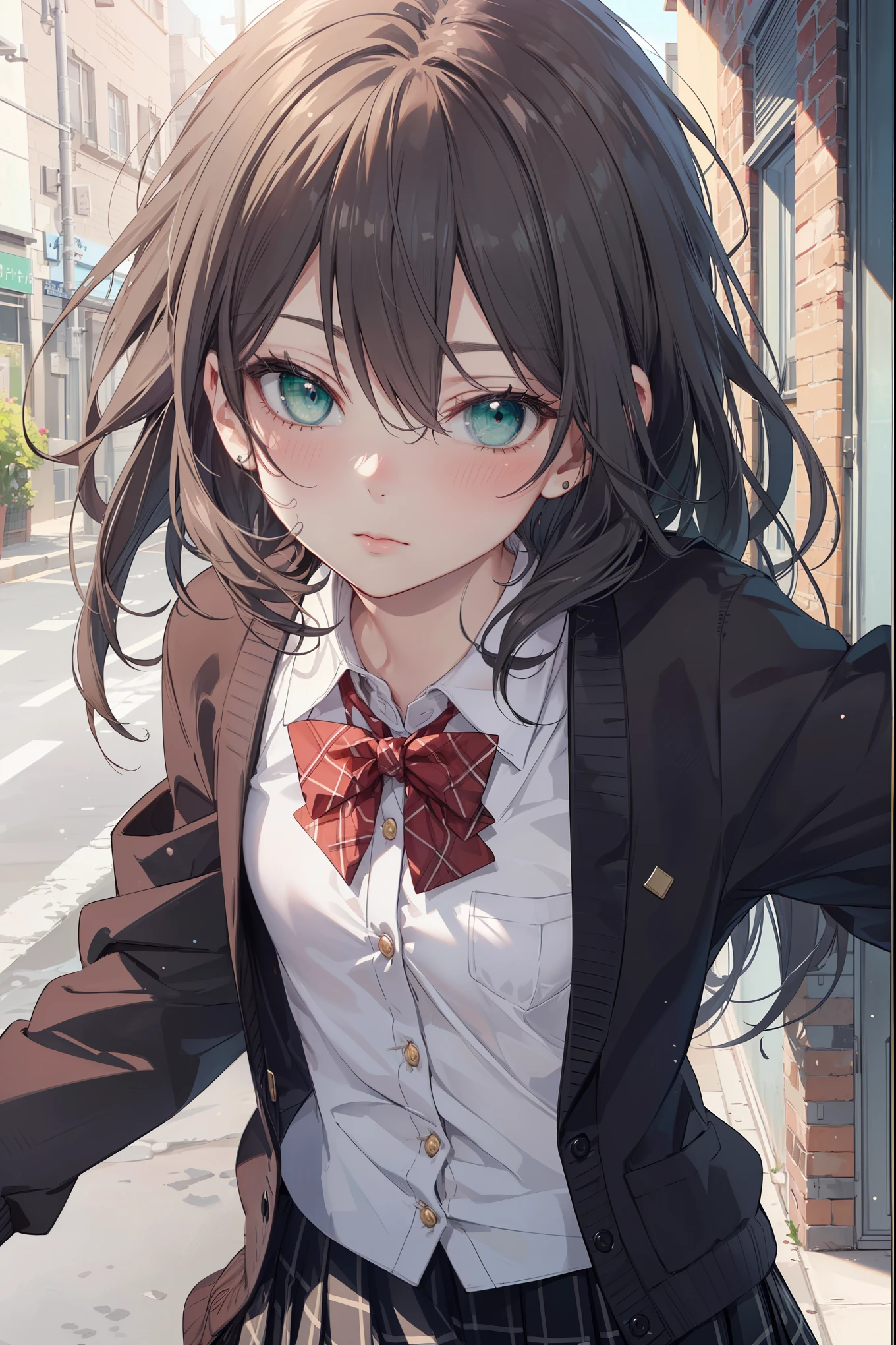 ((Masterpiece, Top Quality, High Resolution, UHD, Perfect Pixel, Depth of Field, 8k, RTX, HDR)), 1 Girl, Single, Solo, Beautiful Anime Girl, Beautiful Art Style, Last Boss Anime Character, ((Long Hair, Bangs, Brown Hair, Curly Hair: 0.5)), ((Green Eyes: 1.4, Round eyes, Beautiful eyelashes, Realistic eyes))), ((Detailed face, Blush: 1.2))), ((Smooth texture: 0.75, Realistic texture: 0.65, Photorealistic: 1.1, Anime CG style)), Dynamic angles, Perfect body, ((Portrait, Hamedori)), ((Red Bow Tie, School Uniform, Black Jacket, Open Jacket, Brown Cardigan, White Shirt, Black Skirt, Plaid Skirt))), Ridicule, Mocking, Tiny, Small Last Boss, Cute, Crazy Cute Last Boss