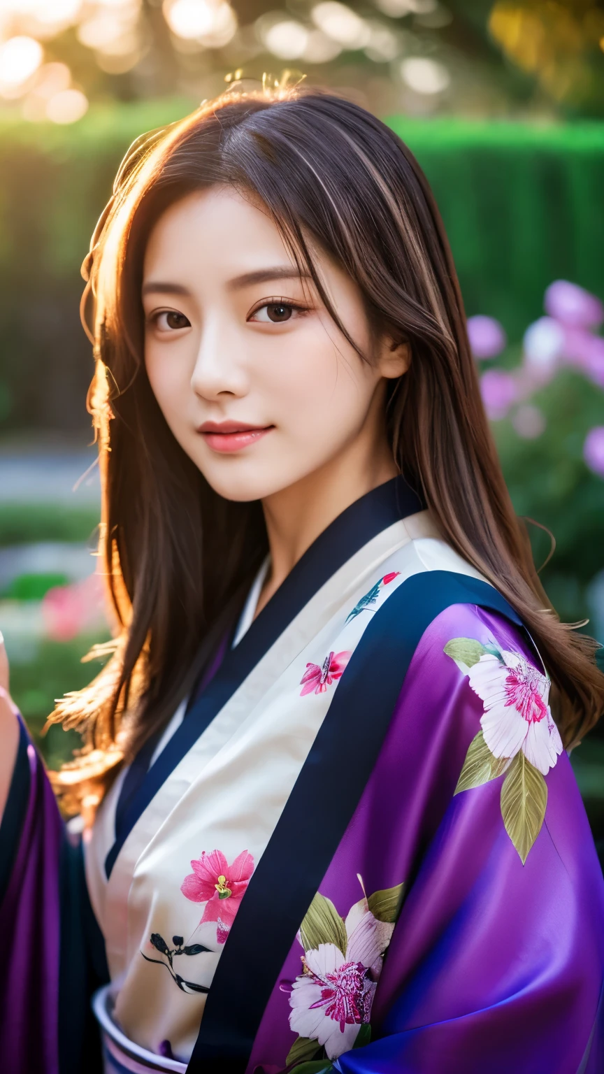Beautiful Japanese supermodel woman, A lock of hair with slight highlights, black eyes, mixed media, Sexy,garden background,Gorgeous purple kimono , Liquid color flows across her face, sunset,Photographed by Wang Luodan