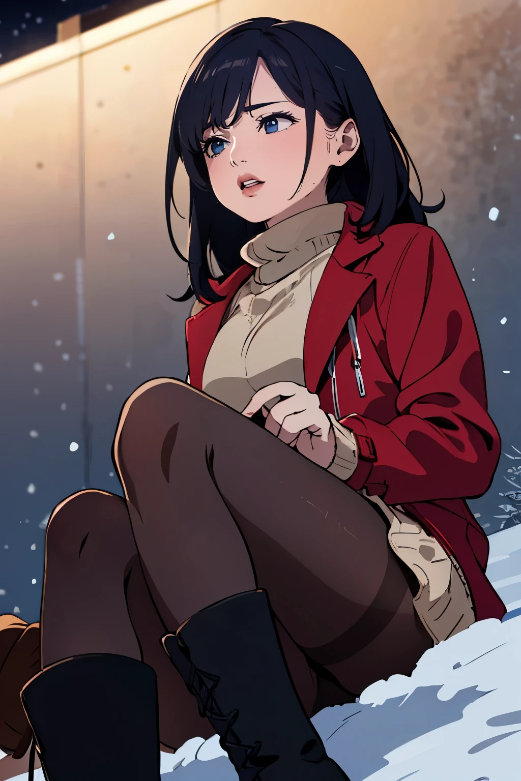 high-definition images, atmospheric perspective, 8k, super detail, accurate, best quality, a woman, (winter clothes, jacket), looking away, (drooping eyes), (sleepy), earrings, got drunk, showing off her detailed drawing of deluxe panties, (pantyhose), dark hour of down, boots, 