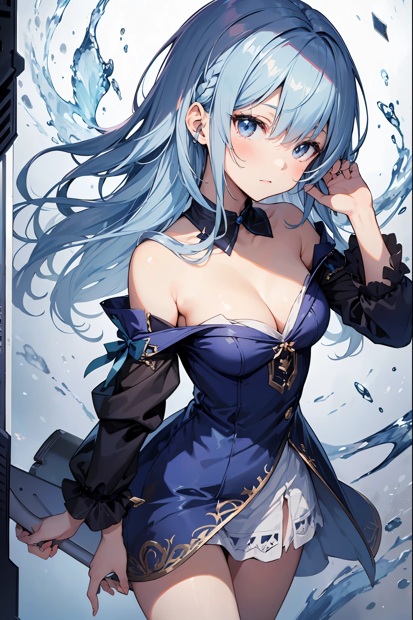 (MASTERPIECE), (Best Quality), (Super Detail), Official Art, One Girl, with Pale Light Blue Hair, , , Navy blue and Silver See-Through Dress, Sleeveless, Off Shoulder, Small, Very Small, Small, Cleavage, Thigh Focus, Card Illustration