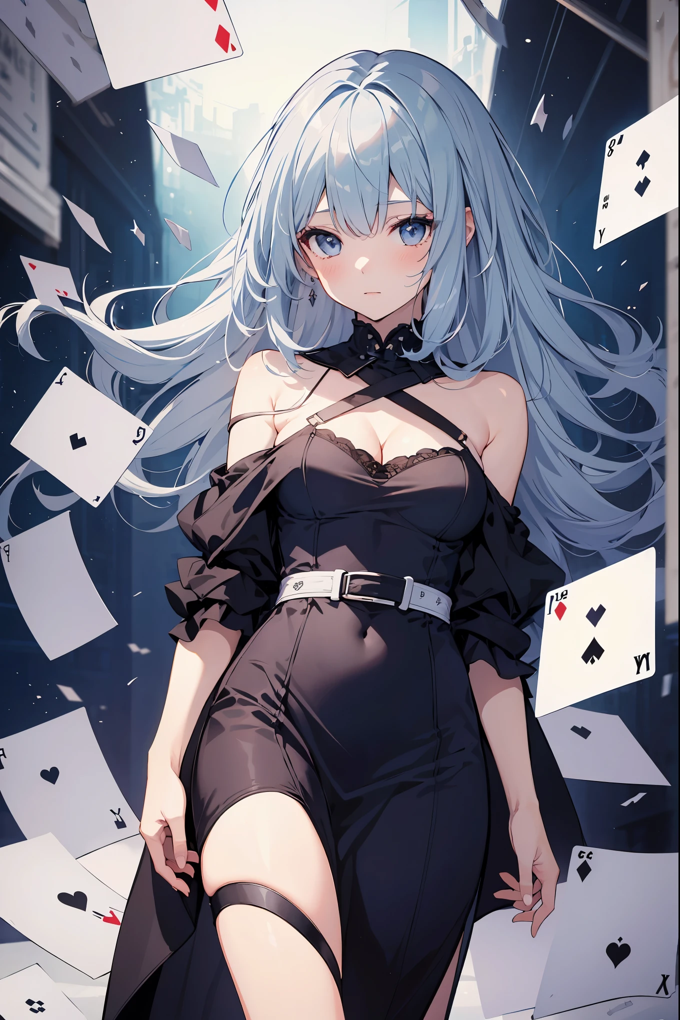 A diamond-patterned dice，Triangular hairpins，Charturnerv2， concept-art， full bodyesbian， detail_face， line_sketch， PlanIt， offcial art， Official alternative costumes， Design style， Multi-style， Detail role， Original， 8K GC， Lots of details， Technical illustration，tmasterpiece，best qualtiy，Yellow, black and gray color scheme,bound legs，long eyelasher，Gray-green hair， crossed bangs， Amber eyes， horizontal pupils， tachi-e，diamond-shaped pupils，The pleated skirt hangs playing cards and chips，Blazer，nopan，mitts，teens girl,Tsundere,thongs，The pose of throwing out the playing cards， flatchest
