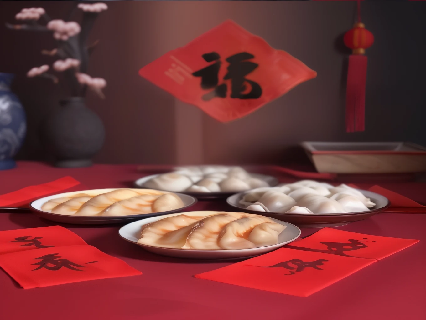 there are four plates of food on a table with Chinese writing, traditional Chinese, Chinese, nanquan, ❤🔥🍄🌪, hua cheng, Chinese heritage, nice images, 💣 💥, inspired by Cui Bai, Pan Renwei style, dumplings on a plate, cover, photo shoot于 2 0 2 0, photo shoot, gujian