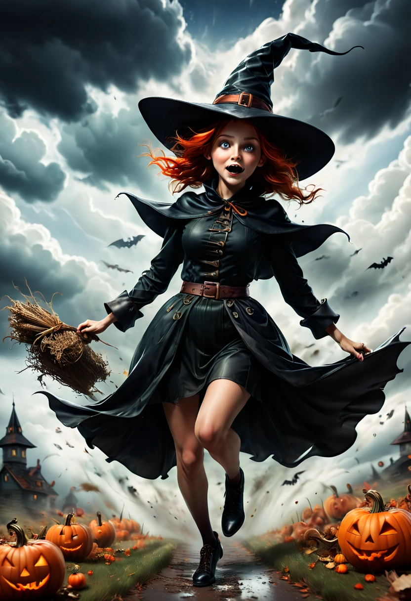 Halloween Witch, chasing Race among the clouds, Room on the Broom, Motion Blur, (best quality, masterpiece, Representative work, official art, Professional, Ultra high detail, 8k)