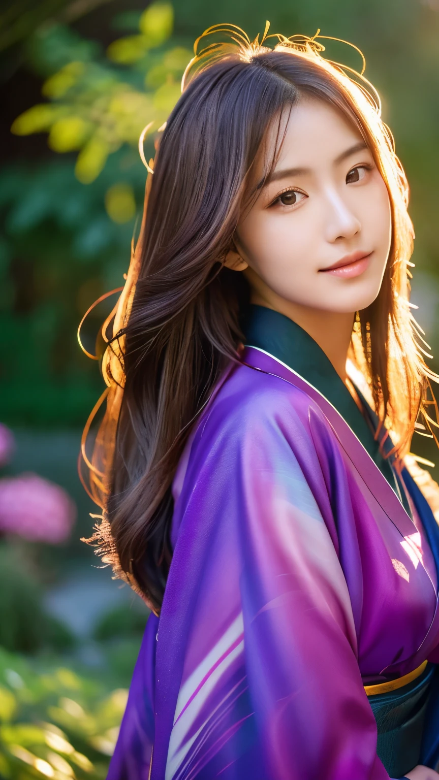 Beautiful Japanese supermodel woman, A lock of hair with slight highlights, black eyes, mixed media, Sexy，garden background，Gorgeous purple kimono , Liquid color flows across her face, sunset，Photographed by Wang Luodan