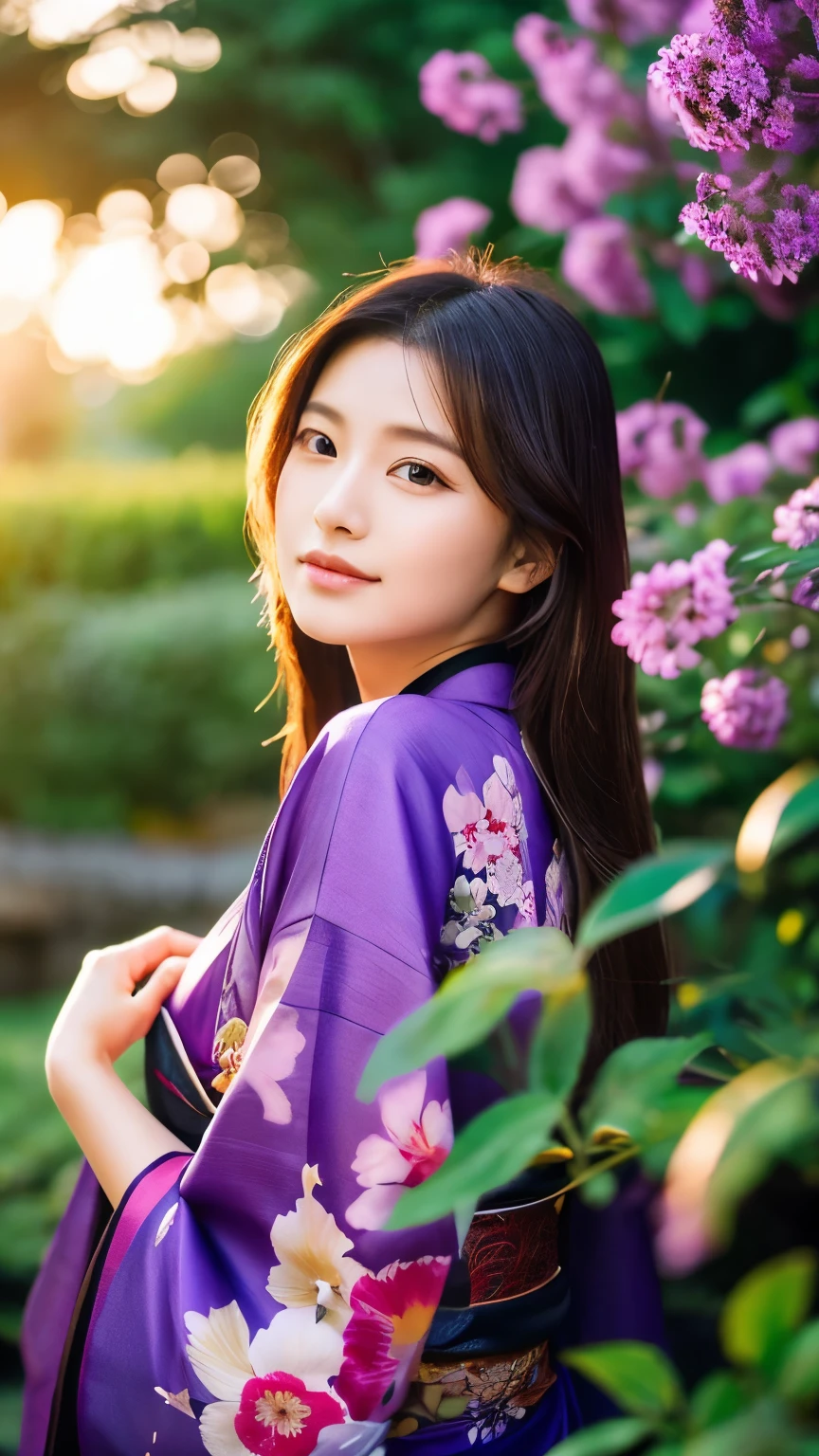 Beautiful Japanese supermodel woman, A lock of hair with slight highlights, black eyes, mixed media, Sexy,garden background,Gorgeous purple kimono , Liquid color flows across her face, sunset,Photographed by Wang Luodan