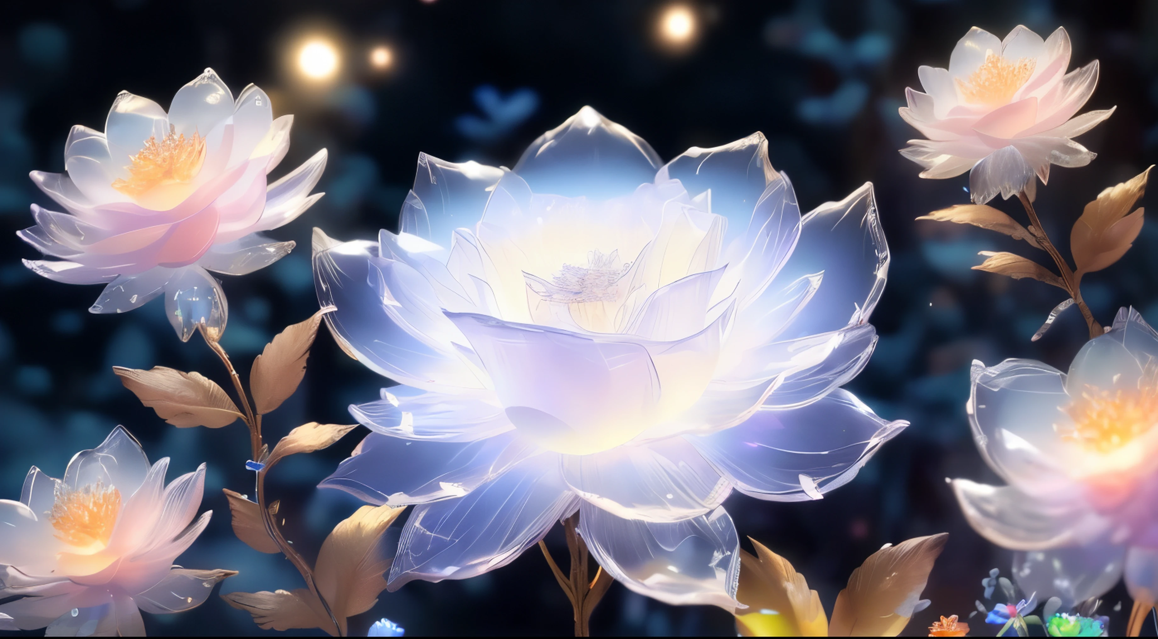 obra maestra, mejor calidad, (Fondo de pantalla CG Unity 8K muy detallado), (mejor calidad), (la mejor illustration), (mejores sombras), Glow Sprite, (sin personas:1.5), Falta de personas,paisaje nocturno, Round lago, It is surrounded by a forest wall of trees, (lago, Brillando con la luz de la luna: 1.3), el cielo, lleno de estrellas, The moon hovered over the lake, (Hilos brillantes de luz de luna descienden al lago: 1.4), (Una hermosa flor se eleva desde el centro del lago:1.4 ), (flor de cristal:1.5), (Crystal petals shine in the moonlight:1.5), Chispas multicolores se arremolinan alrededor de la flor, fancy, intrincado, elegante, muy detallado, Pintura Digital, art station, arte conceptual, mate, Enfoque claro, illustration. Very high definition, obra maestra, asombroso, ArtStation de moda, 8k, HD, Alto detalle, Very Alto detalle, obra maestra, (particle fx) etc.. D.....3D , Octane Running, trazado de rayos, superdetalle