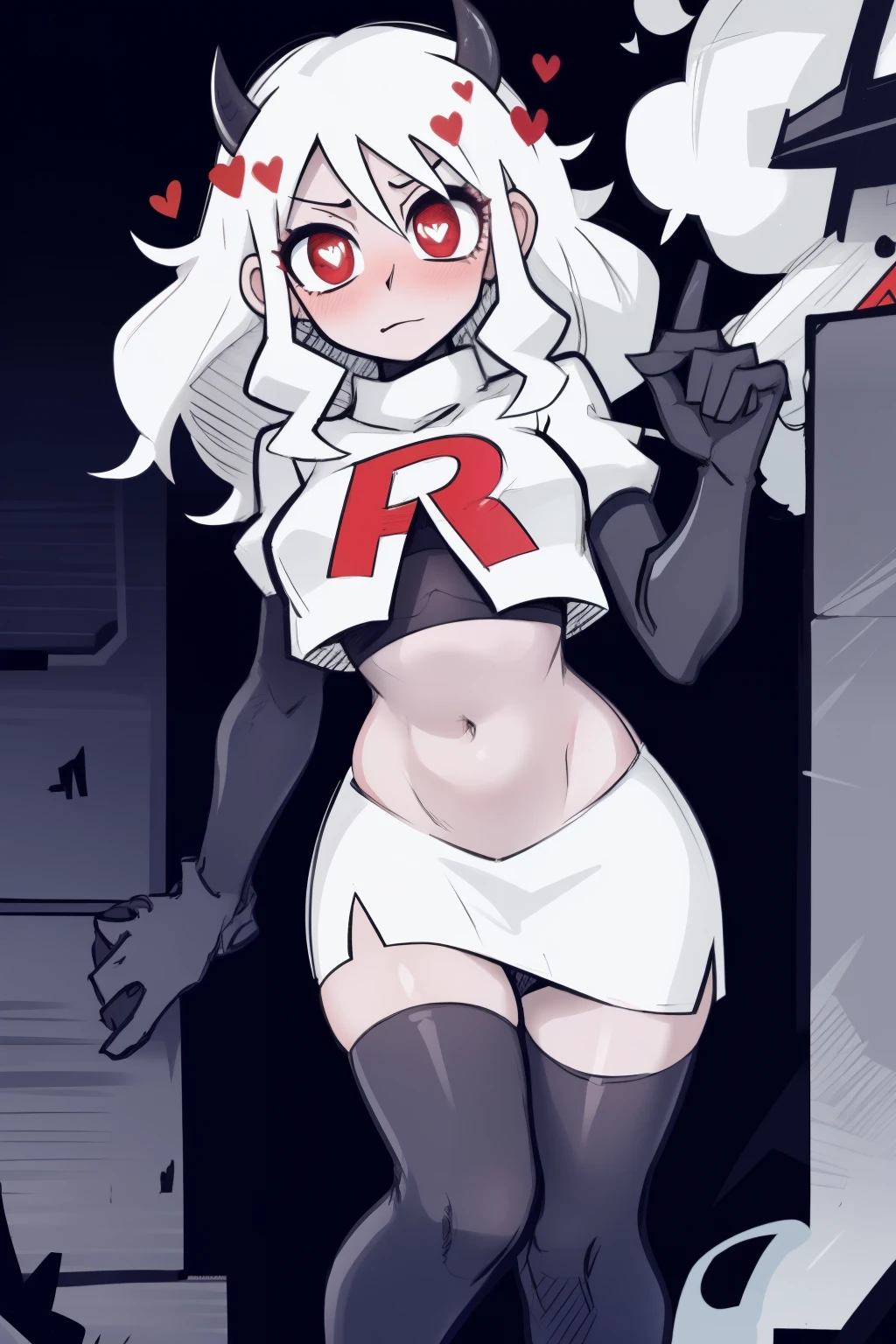 masterpiece, best quality,modeus with heart shapes and heart shaped pupils,red eyes, white hair,team rocket,team rocket uniform,white skirt,red letter R,crop top,black thigh-highs,black elbow gloves, comic strip