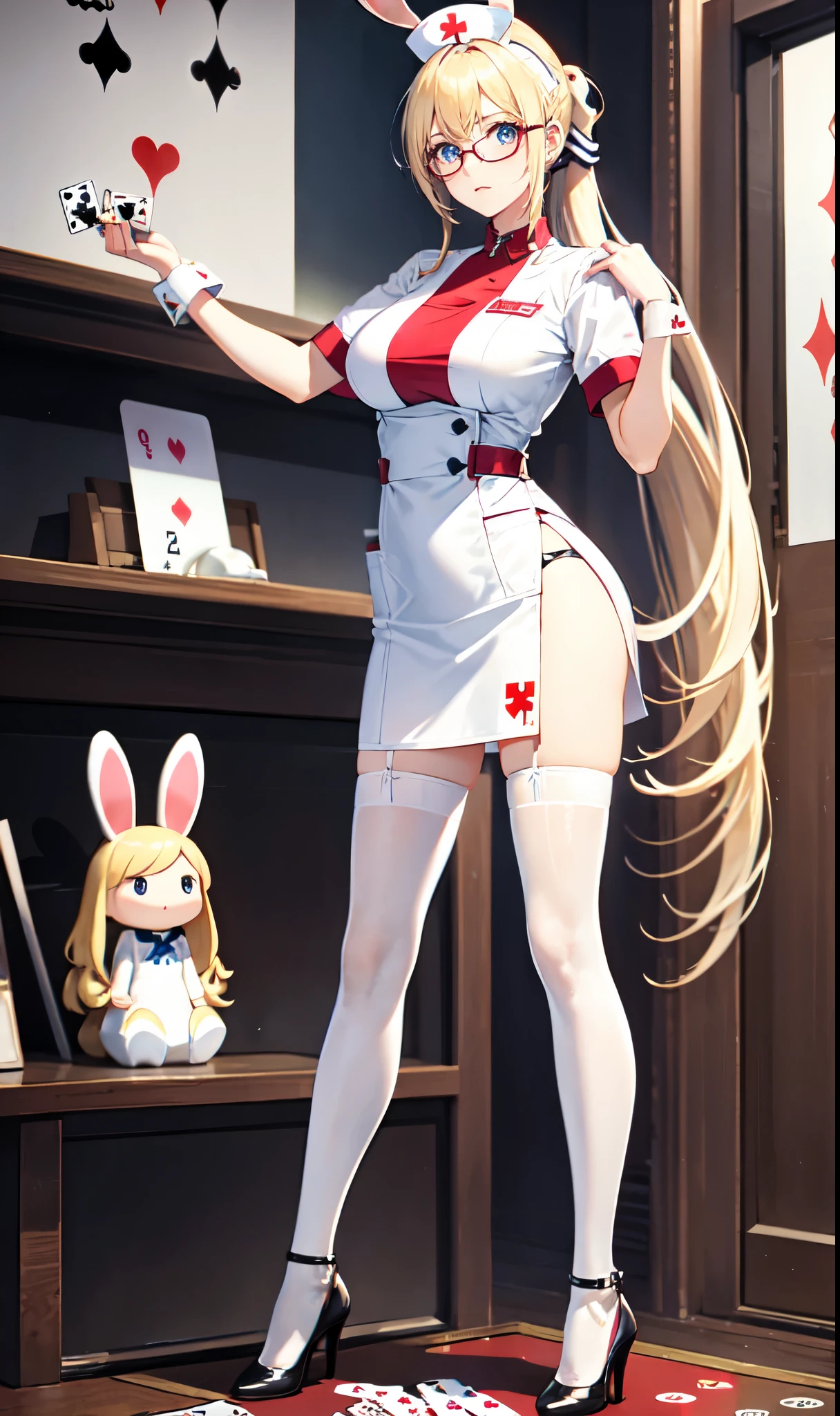 White hospital ward background,Playing card decoration,Long light blonde hair,Standing close-up,dream world,Sister nurse,(glasses),High ponytail,Messy hair,Elongated danphoenix eyes,(white nurse,Handheld dolls,Bunny doll：2.0),(big breast)Background of poker decoration,(A ward filled with poker：1.9),Gentle and sickly nurse sister,white stockings,High heel,Detailedly drawn backgrounds