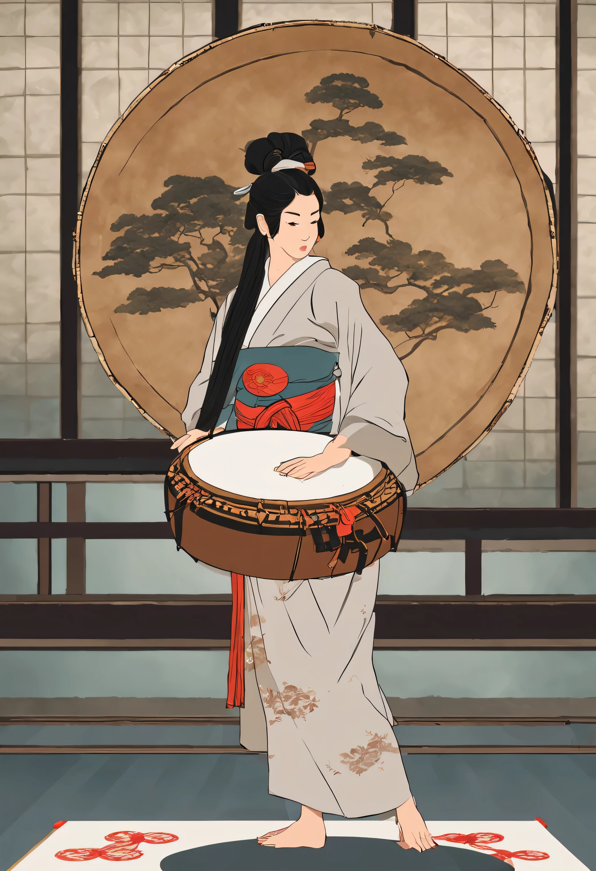 An arafe woman holding a large drum in front of the screen, Photos inspired by Yukishu Hayami, Doesn&#39;t bounce, ukiyo-e, photo Captured on 2 0 2 0, Traditional japanese, Asao Urata, Captured on 2 0 2 0, play the drums, Traditional, masterful composition!!!, bow ashigaru