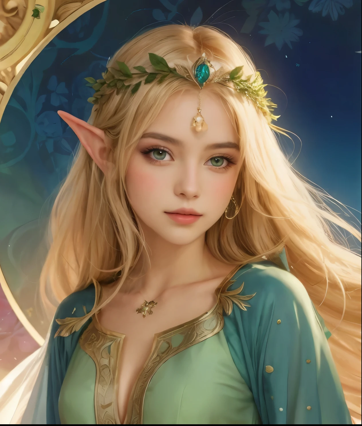 una mujer con cabello largo y rubio con un vestido verde y una corona, princesa elfa, chica elfa, princesa elfa, beautiful princesa elfa, retrato de elfo muy hermoso, a retrato de un elfo, hermosa y elegante reina elfa, retrato de un elfo, alluring princesa elfa knight, retrato de un elfo queen, hermosa y elegante elfa