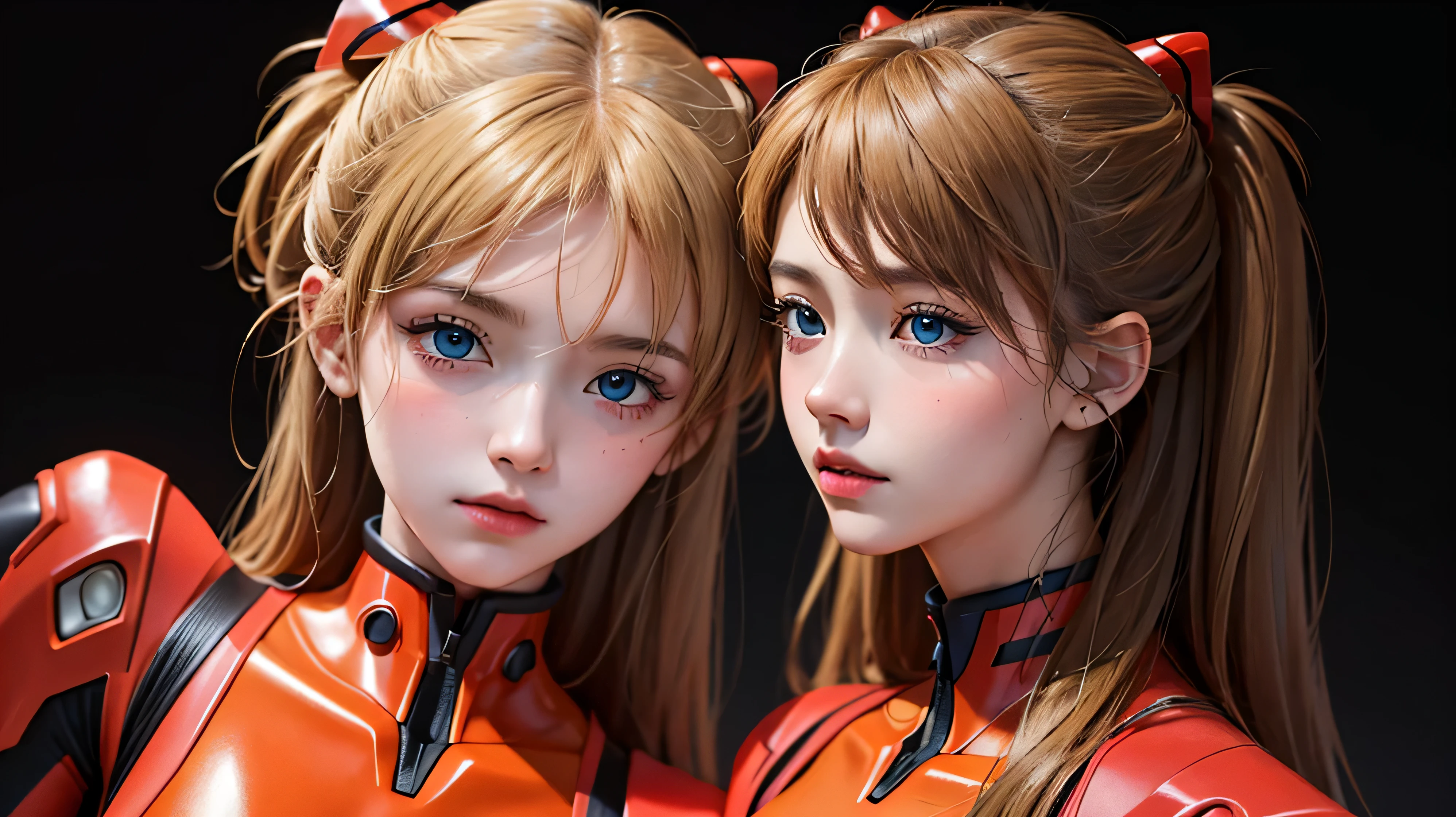 (masterpiece: 1.4, highest quality), (intricate details), unity 8k wallpaper, Super detailed, Beautiful and mysterious, detailed background, realistic, alone, Perfect detail face, detailed blue eyes, very detailed, blush, hair ornaments, chignon mahogany hair, (blonde hair), Plug suit 02,Shikinami Asuka Langley, Evangelion, Slender 15 year old girl, whole bodyスーツ, black background,whole body,