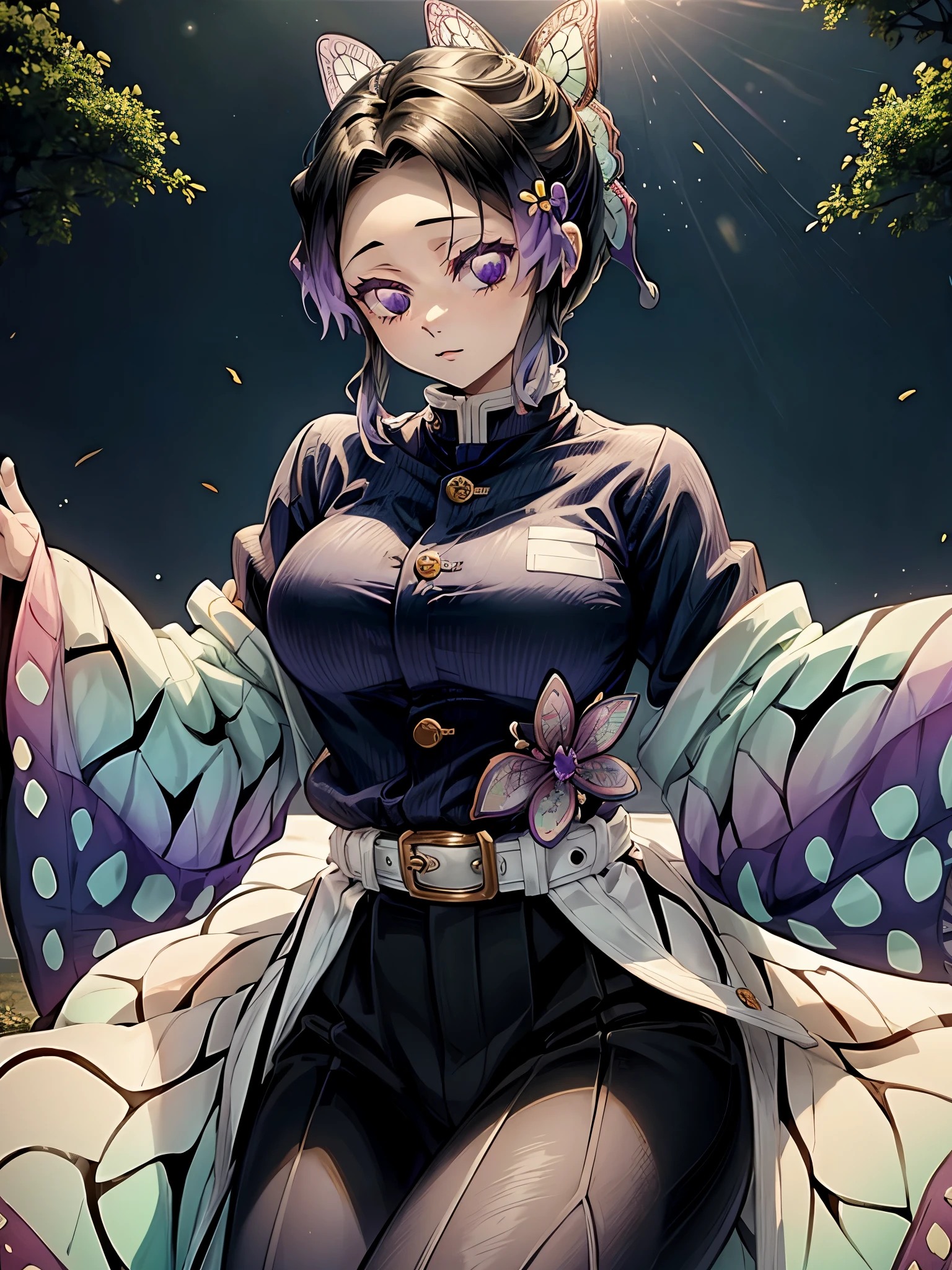 1girl,masterpiece,(kochou shinobu) (best quality:1.2),( Kochou Shinobu), multicolored hair, long sleeves, purple eyes, black jacket, high waist black pants, uniform, white haori, Japanese clothes, multiple butterflies, buttons, belt, lake, sunset, lens flare, perfect lighting, highest quality, hands behind, thick thighs, large breasts,