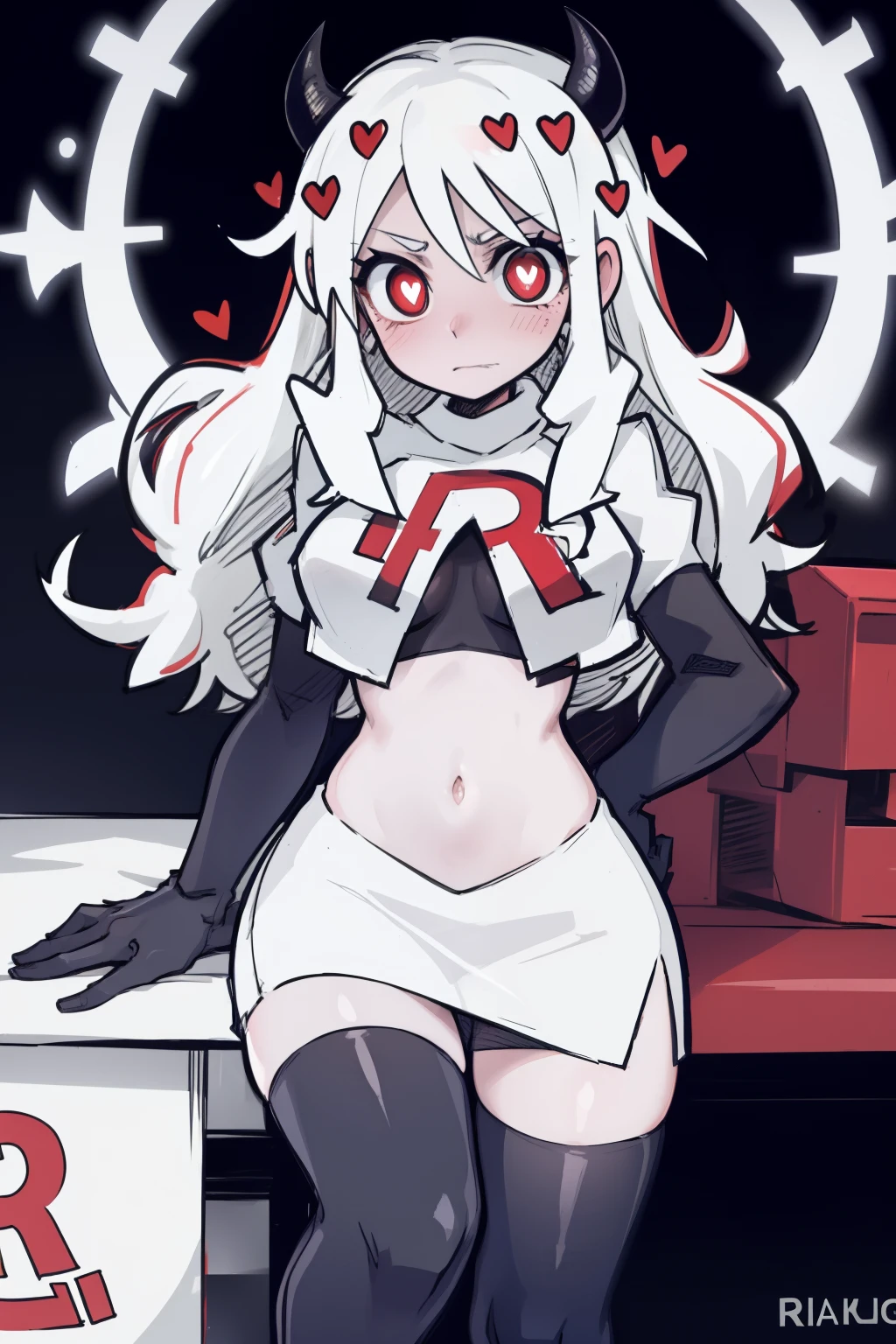 masterpiece, best quality,modeus with heart shapes and heart shaped pupils,red eyes, white hair,team rocket,team rocket uniform,white skirt,red letter R,crop top,black thigh-highs,black elbow gloves, comic strip