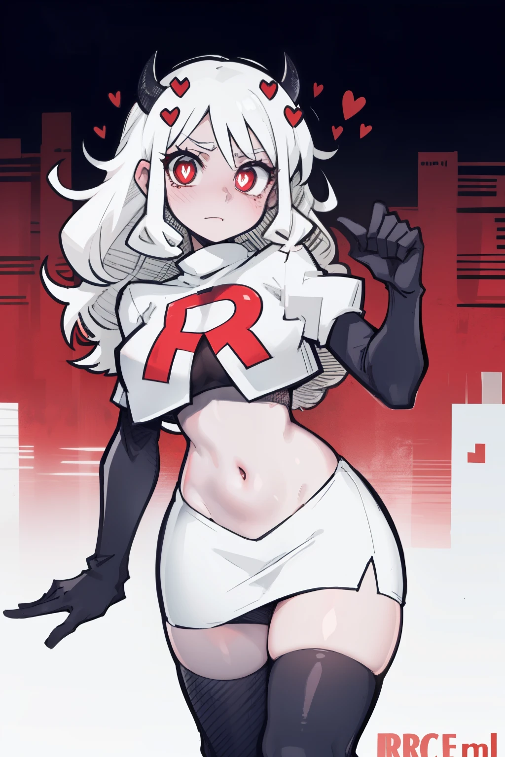 masterpiece, best quality,modeus with heart shapes and heart shaped pupils,red eyes, white hair,team rocket,team rocket uniform,white skirt,red letter R,crop top,black thigh-highs,black elbow gloves, comic strip