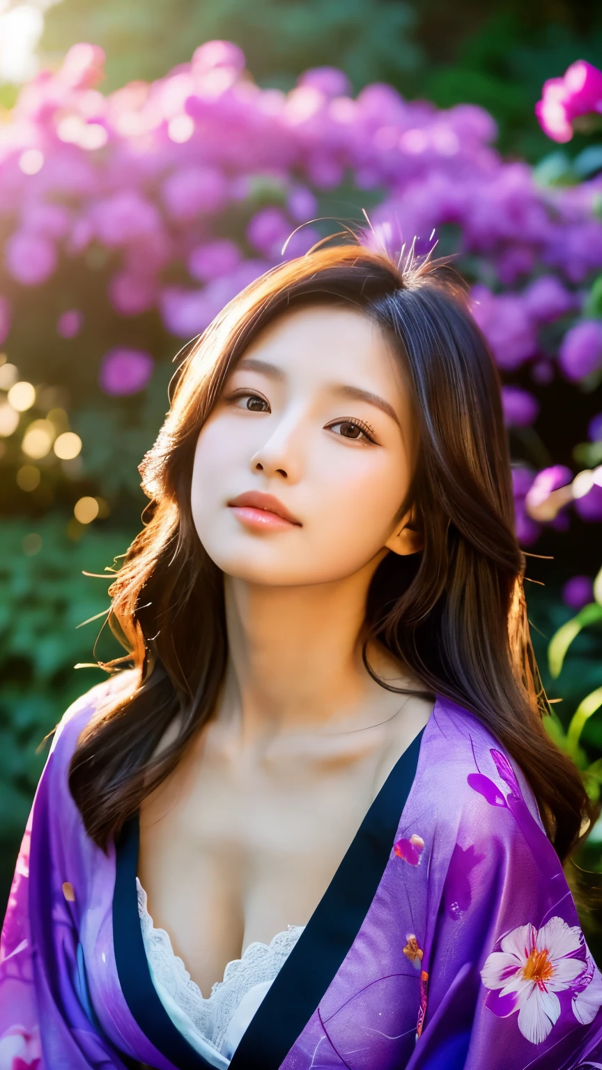 Beautiful Japanese supermodel woman, A lock of hair with slight highlights, black eyes, mixed media, Sexy,garden background,Gorgeous purple kimono , Liquid color flows across her face, sunset,Photographed by Wang Luodan
