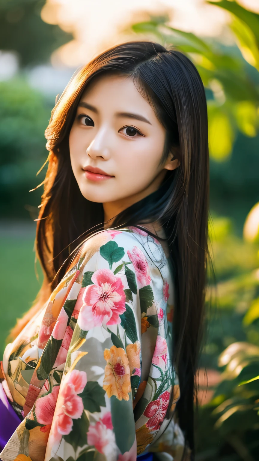 Beautiful Japanese supermodel woman, A lock of hair with slight highlights, black eyes, mixed media, Sexy,garden background,Gorgeous kimono , Liquid color flows across her face, sunset,Photographed by Wang Luodan