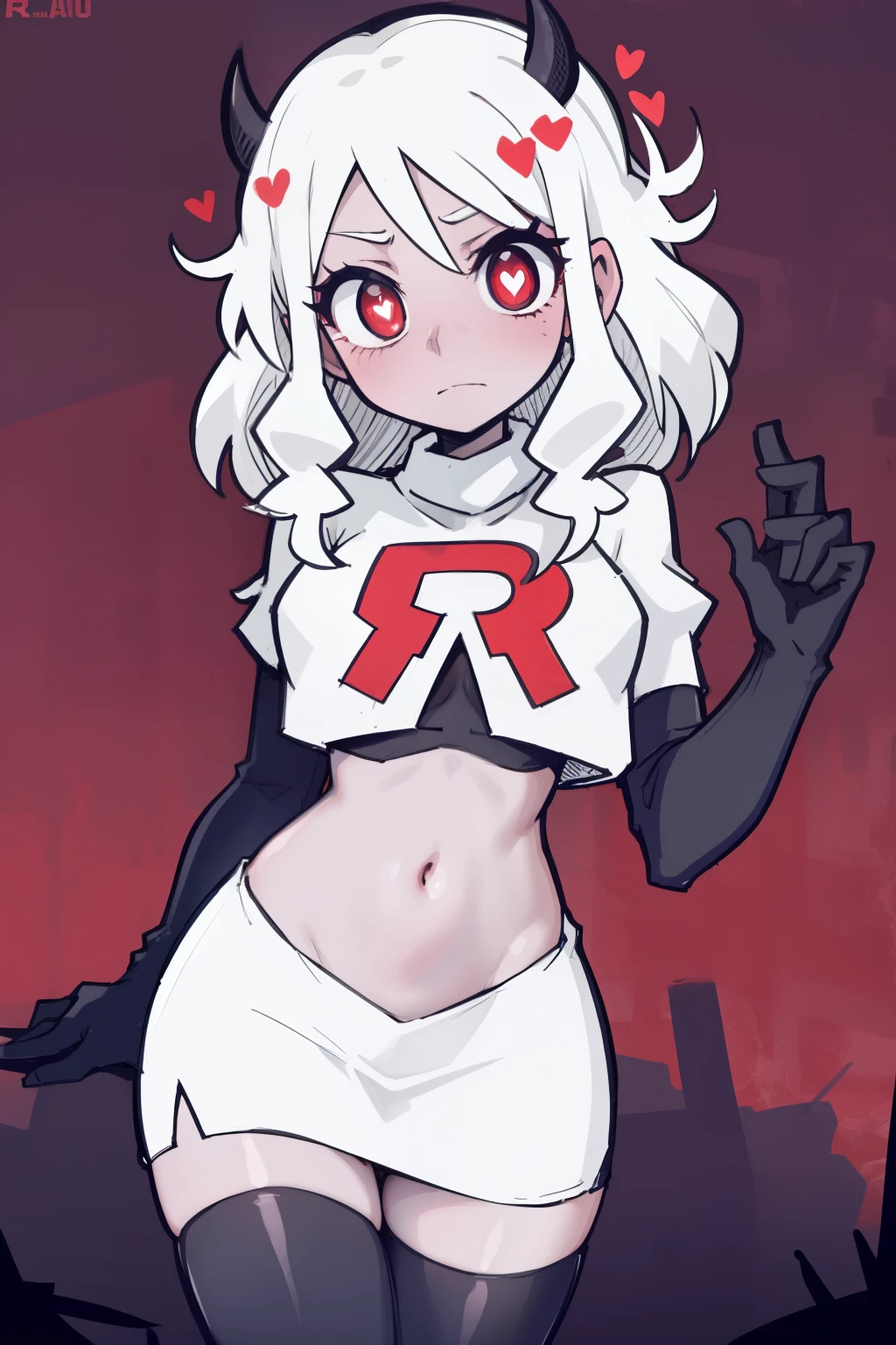masterpiece, best quality,modeus with heart shapes and heart shaped pupils,red eyes, white hair,team rocket,team rocket uniform,white skirt,red letter R,crop top,black thigh-highs,black elbow gloves, comic strip