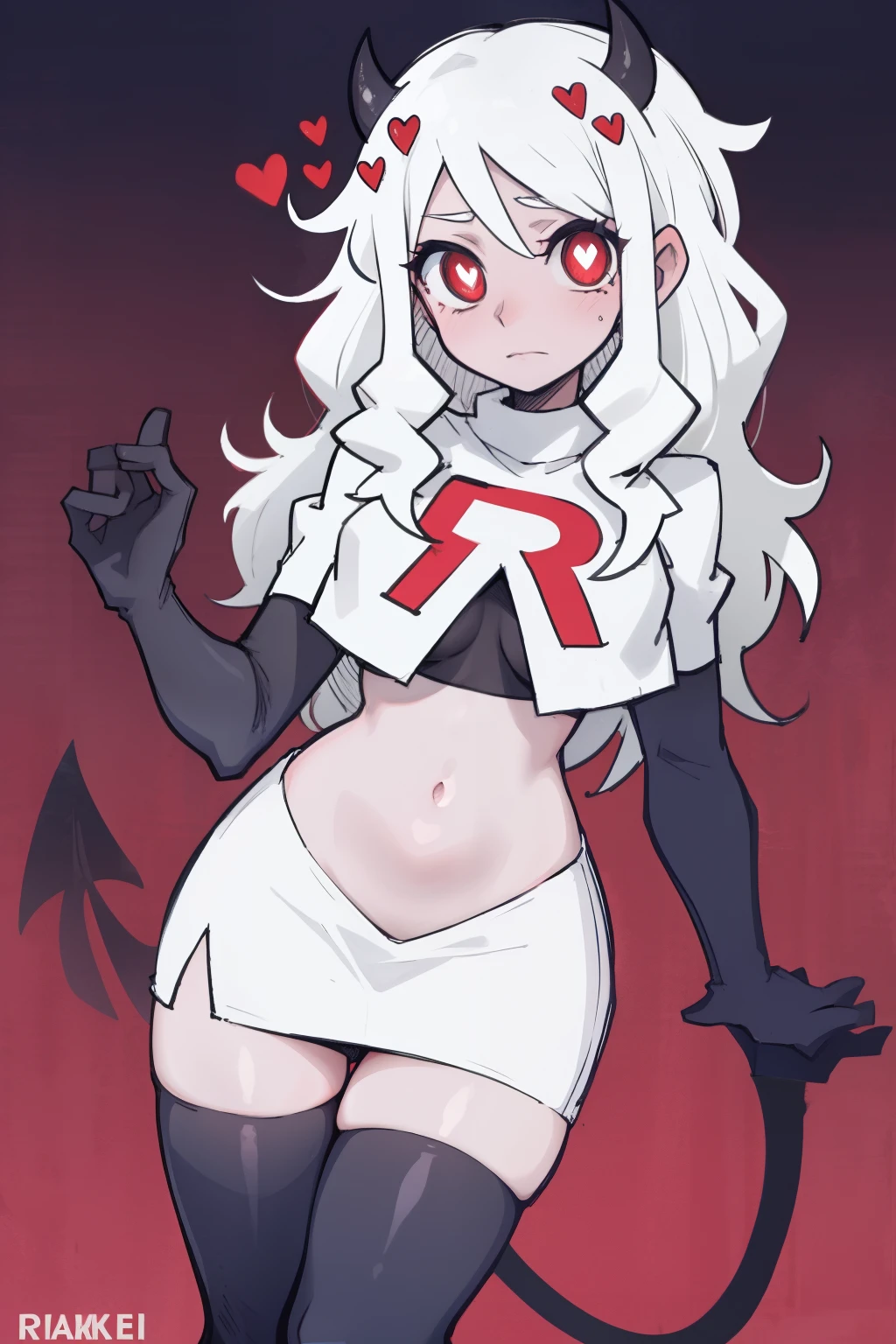 masterpiece, best quality,modeus with heart shapes and heart shaped pupils,red eyes, white hair,team rocket,team rocket uniform,white skirt,red letter R,crop top,black thigh-highs,black elbow gloves, comic strip