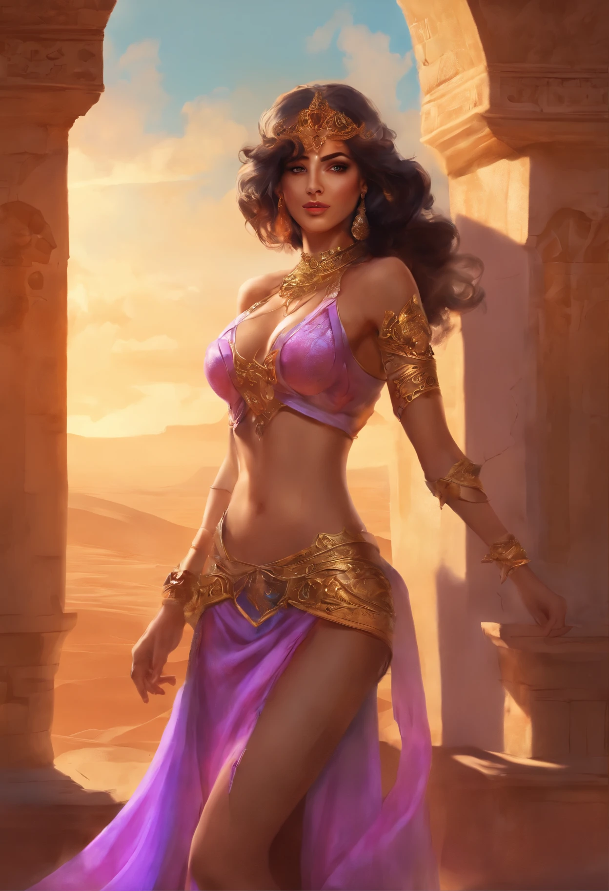 photographer (Princesa persa:1.5) Ste sobre fundo ((totalmente nua)) nua, (deserto cyberpunk:1.3), (Exotic Royal Palace:1.5) e (sunset sky:1.2). ((nua)), loira, cabelos compridos, Fluttering, cacheados, olhos verdes, penetrantes, convidativos, medium sized breasts, empinados, big and rough nipples, corpo de modelo, sexy, jovial, bumbum redondo, grande, empinando, pubis with lots of hair, elegantes salto 20, cor de ouro, tiras com diamantes, Wearing a complex headscarf, Colete Longo, Bordados e joias em ouro, Rosto e olhos detalhados, (altamente detalhado:1.4), 8k, fotorrealista, (longos cabelos loiros :1.2), (mulher jovem:1.1), (shadows e realces:1.3), sombra real, 。.3D, (golden hour lighting:1.3), (autor:Michelangelo:0.9), Art stes e deviant art, Greg Rutkowski e Alphonse Mucha), Beautiful soft studio light, Cubist Angles, purple aesthetic, Cores viscerais, Terror Lovecraftiano), Hipermaximalista, (Arte linear precisa), (Cinematic photo), (elfo:0.7)