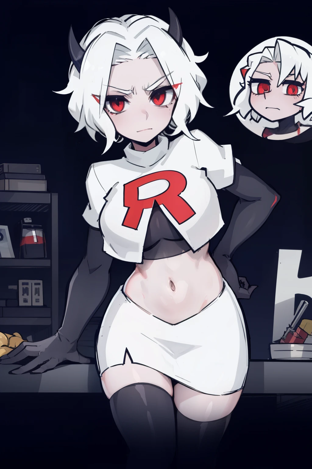 masterpiece, best quality,zdrada,red eyes, white hair,team rocket,team rocket uniform,white skirt,red letter R,crop top,black thigh-highs,black elbow gloves, comic strip