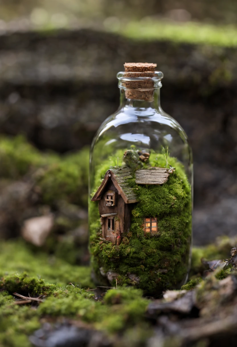 Acorn shaped moss covered house in a bottle