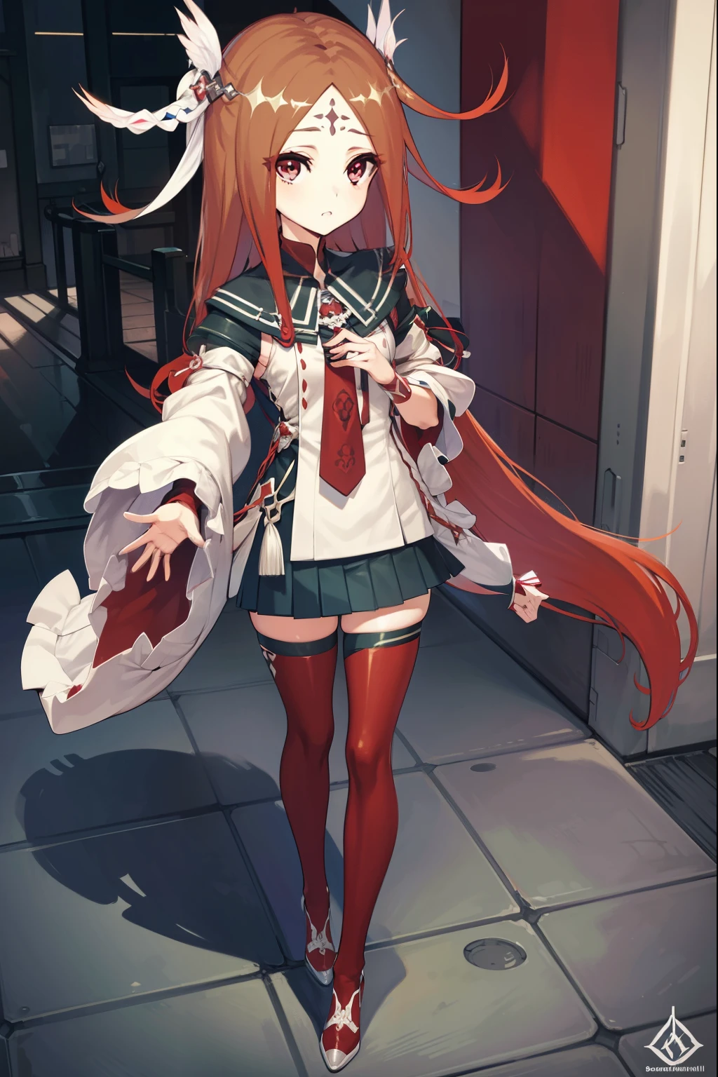 codeeulalia, eulalia, long hair, brown hair, hair ornament, facial mark, (red eyes:1.5),
BREAK skirt, thighhighs, pleated skirt, detached sleeves, wide sleeves, chain, red thighhighs,
BREAK looking at viewer,
BREAK outdoors,
BREAK (masterpiece:1.2), best quality, high resolution, unity 8k wallpaper, (illustration:0.8), (beautiful detailed eyes:1.6), extremely detailed face, perfect lighting, extremely detailed CG, (perfect hands, perfect anatomy),