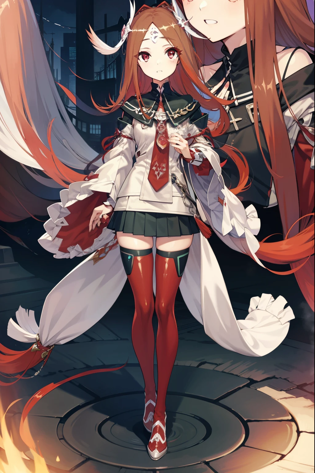 codeeulalia, eulalia, long hair, brown hair, hair ornament, facial mark, (red eyes:1.5),
BREAK skirt, thighhighs, pleated skirt, detached sleeves, wide sleeves, chain, red thighhighs,
BREAK looking at viewer,
BREAK outdoors,
BREAK (masterpiece:1.2), best quality, high resolution, unity 8k wallpaper, (illustration:0.8), (beautiful detailed eyes:1.6), extremely detailed face, perfect lighting, extremely detailed CG, (perfect hands, perfect anatomy),